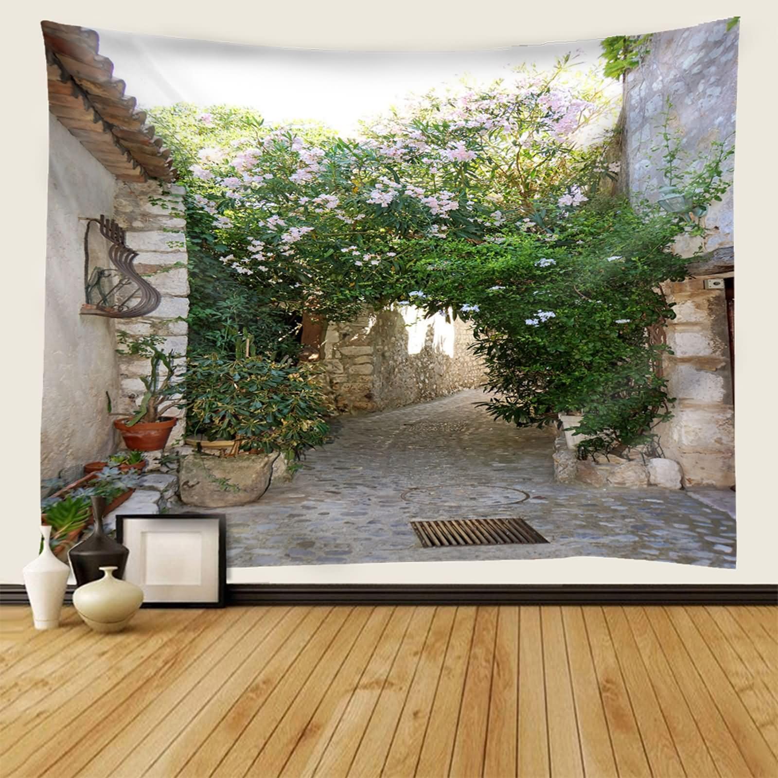 Homxi Tapiz para Sofá 200 W x 200 H CM, ​​Calles y Flores​​, Poliéster Tapices para Sofa, Marrón Verde Rosa