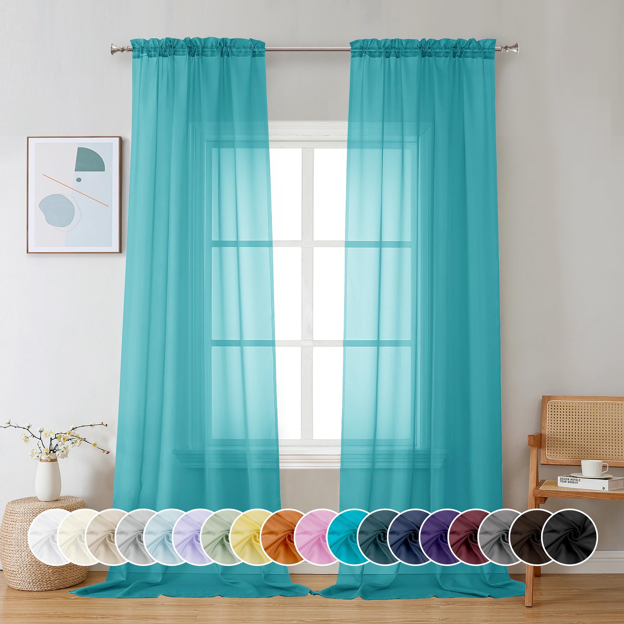 Chyhomenyc Turquoise Sheer Curtains 96 Inches Long 2 Panels, Light Filtering Soft Airy Solid Elegant Voile Window Treatment Drapes For Bedroom Living Room Wedding Party Decor, 42 Wx96 L, 8Ft L