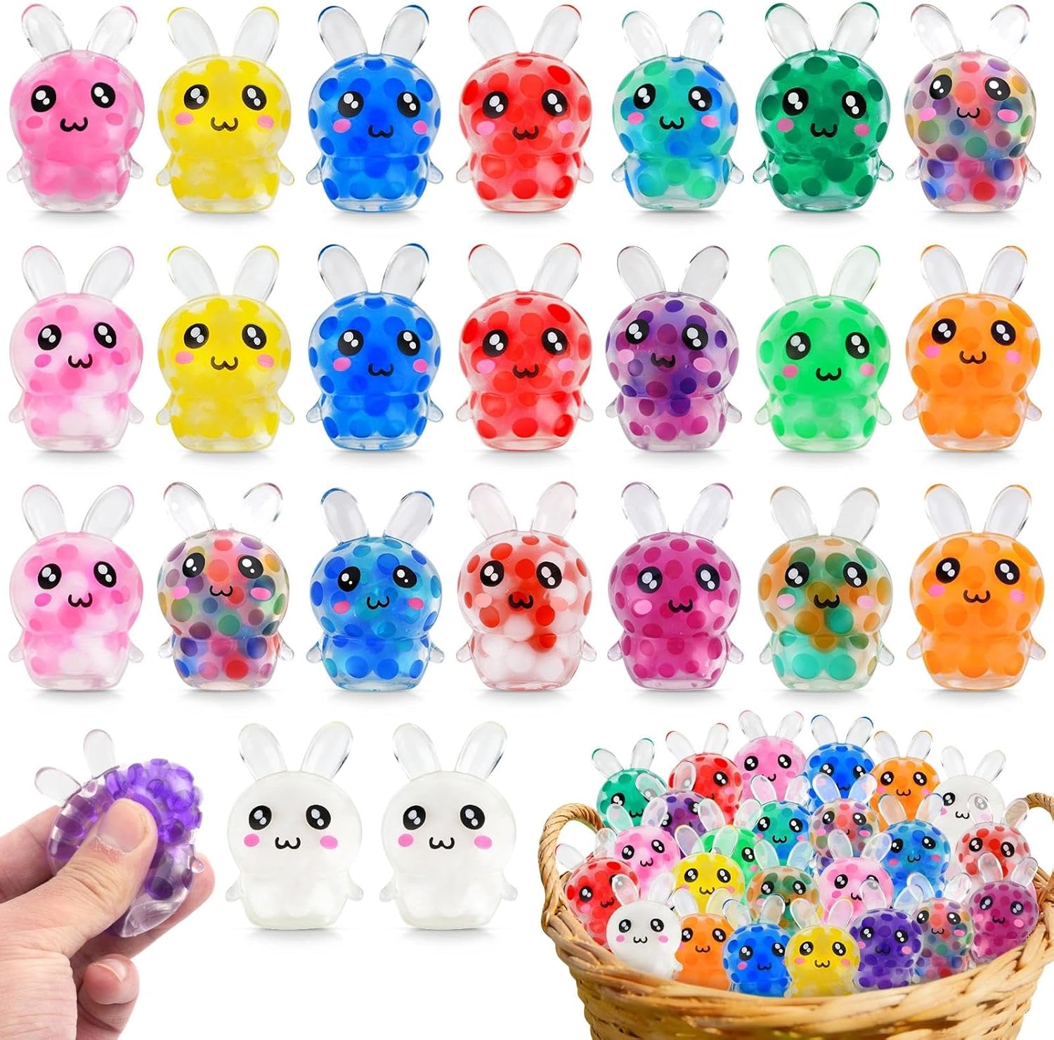 24-Pack Easter Egg Fillers, Bunny Squishy Squeeze Toys for Teens & Adults, Easter Basket Stuffers Essentials Gifts– Fits Standard Eggs