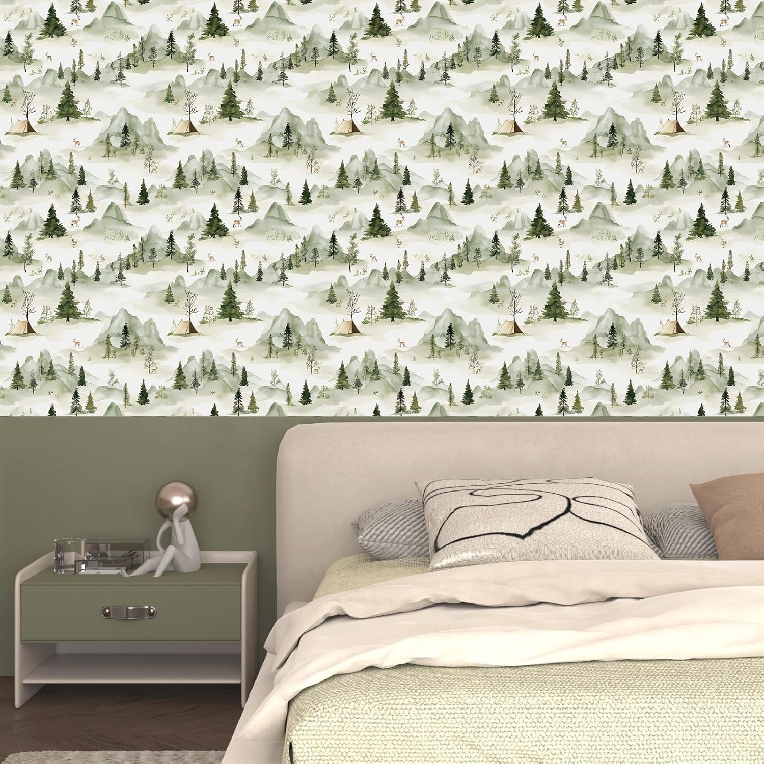 Laatse Forest Peel and Stick Wallpaper, Boho Deer Contact Paper Beige Pattern Wall Paper Waterproof Self Adhesive Green Botanical Modern Wall Mural for Bedroom Walls Cabinet Locker 17.5" X 393"