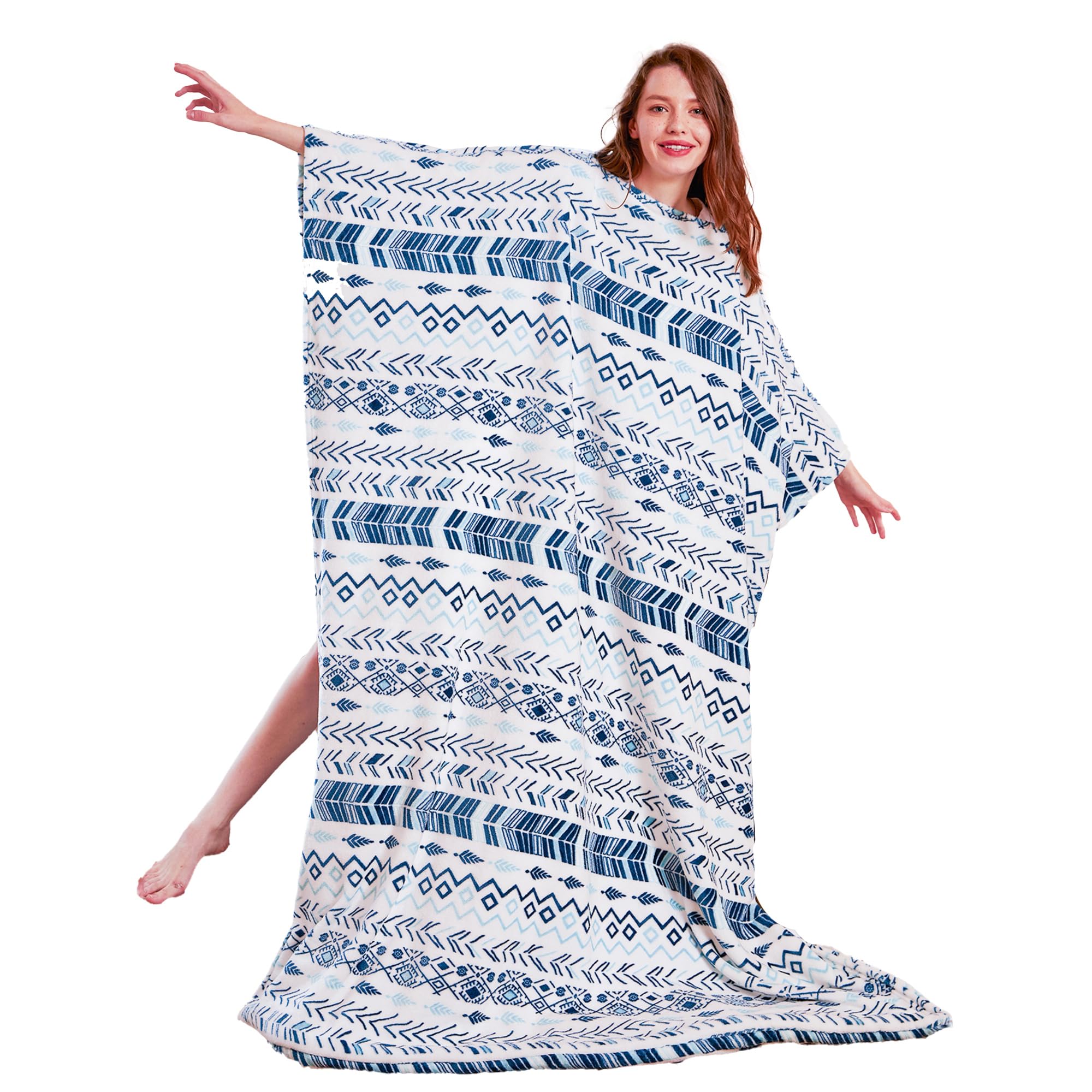 DaysU Micro Flannel Wearable Blanket with Pullover Closure, Sleeves and Sherpa Foot Pocket for Adults, Women and Men (Bohemian Stripe)