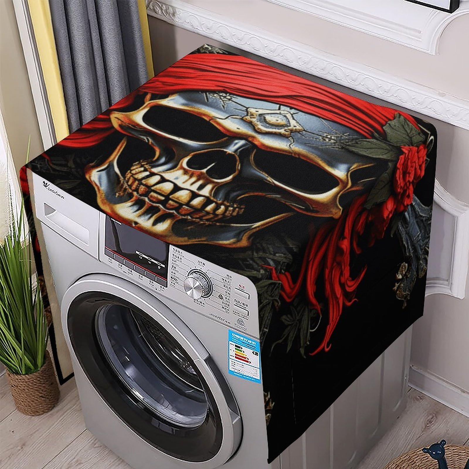 Fodpand White Washing Machine Cover For Top Load Dustproof Pirate Skull Washer And Dryer Cover With Storage Pockets Household Appliance Covers Washable Top Protector Mat Pad For Laundry & Kitchen