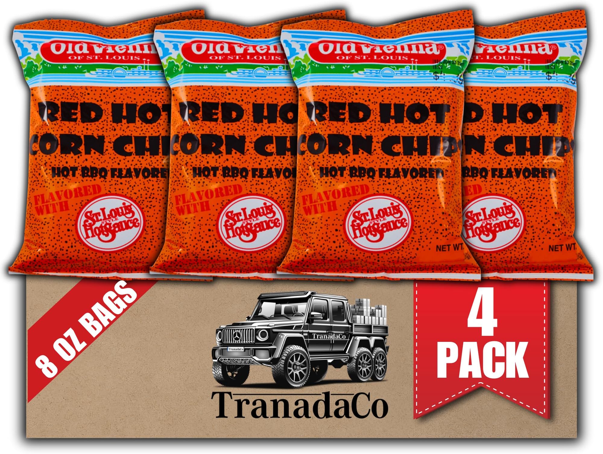 Old Vienna of St. Louis Red Hot Corn Chips 8oz Bags (4 Pack) Snack Box by TranadaCo