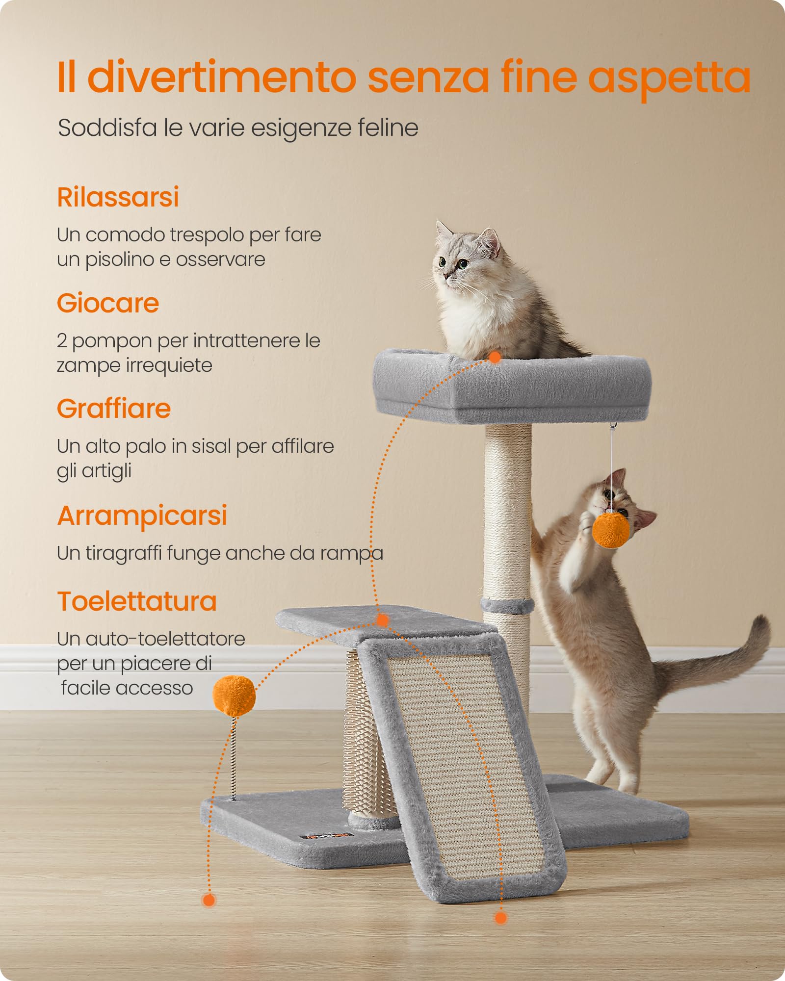 Feandrea Albero per Gatti con Lettino, Tiragraffi Multifunzionale da Interno con Rampa Graffiatoio Girevole, Trespolo, Auto-toelettatore, Pompon, Grigio Chiaro PCA024G01