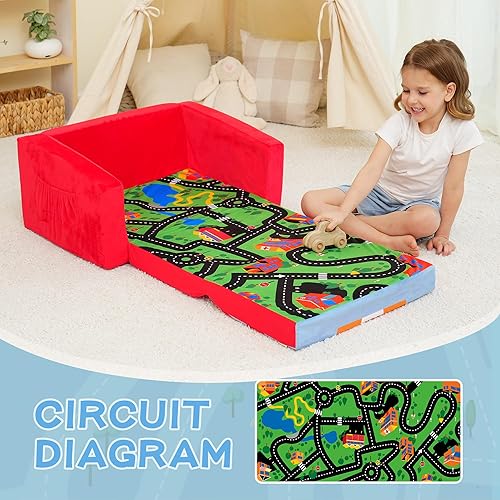 Miniatura 7 de MallBest Sofás para niños, sofá cama tapizado para bebé, silla reclinable abierta (rojo/camión de bomberos) 2-Rojo/Camión de Bomber,Negro/Coche de