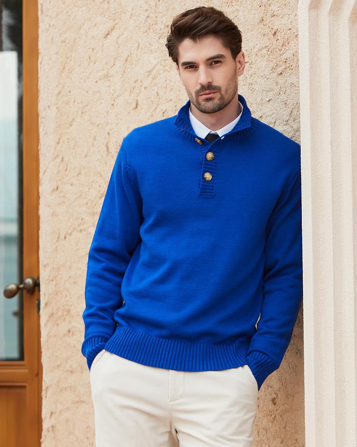 Kallspin Men's Pullover Sweater Wool Blend Midweight Mock Neck Quarter-Button Long Sleeve Pullover