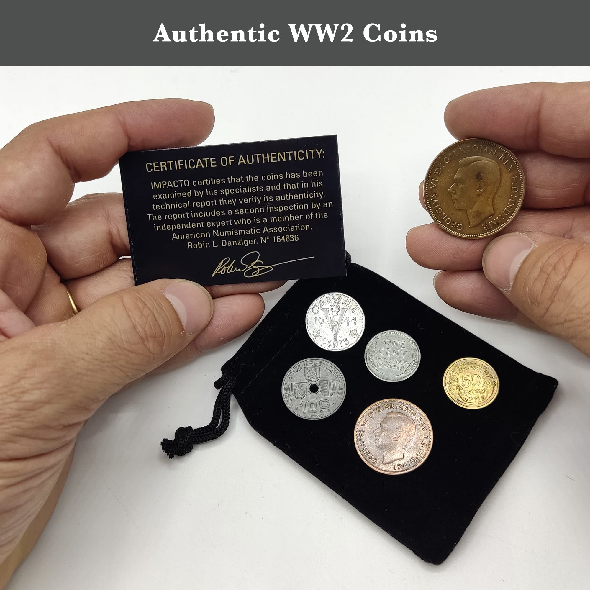 IMPACTO COLECCIONABLES | D-Day, Sbarco in Normandia, Collezione di 6 Monete Autentiche della Seconda Guerra Mondiale – Lotto Storico Originale in Sacchetto di Velluto con Certificato di Autenticità.