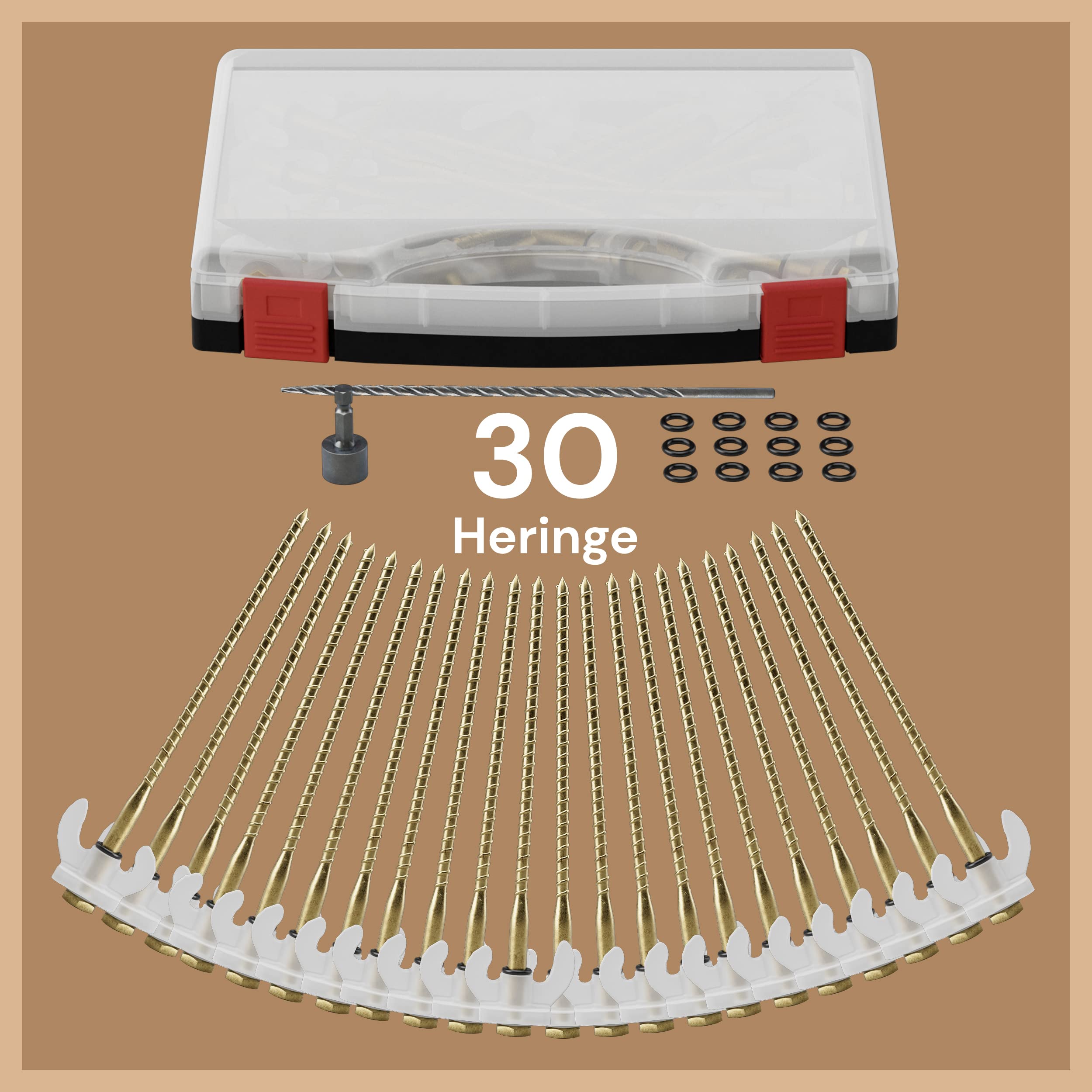 Schraubheringe Set - [30 Stück] Stahl Heringe für weiche bis Harte Böden inkl. Bohrer (5mm & 6mm) - Zeltschrauben mit Leuchteffekt, inkl. Transportbox, 15x O-Ringe & Bit für Akkuschrauber