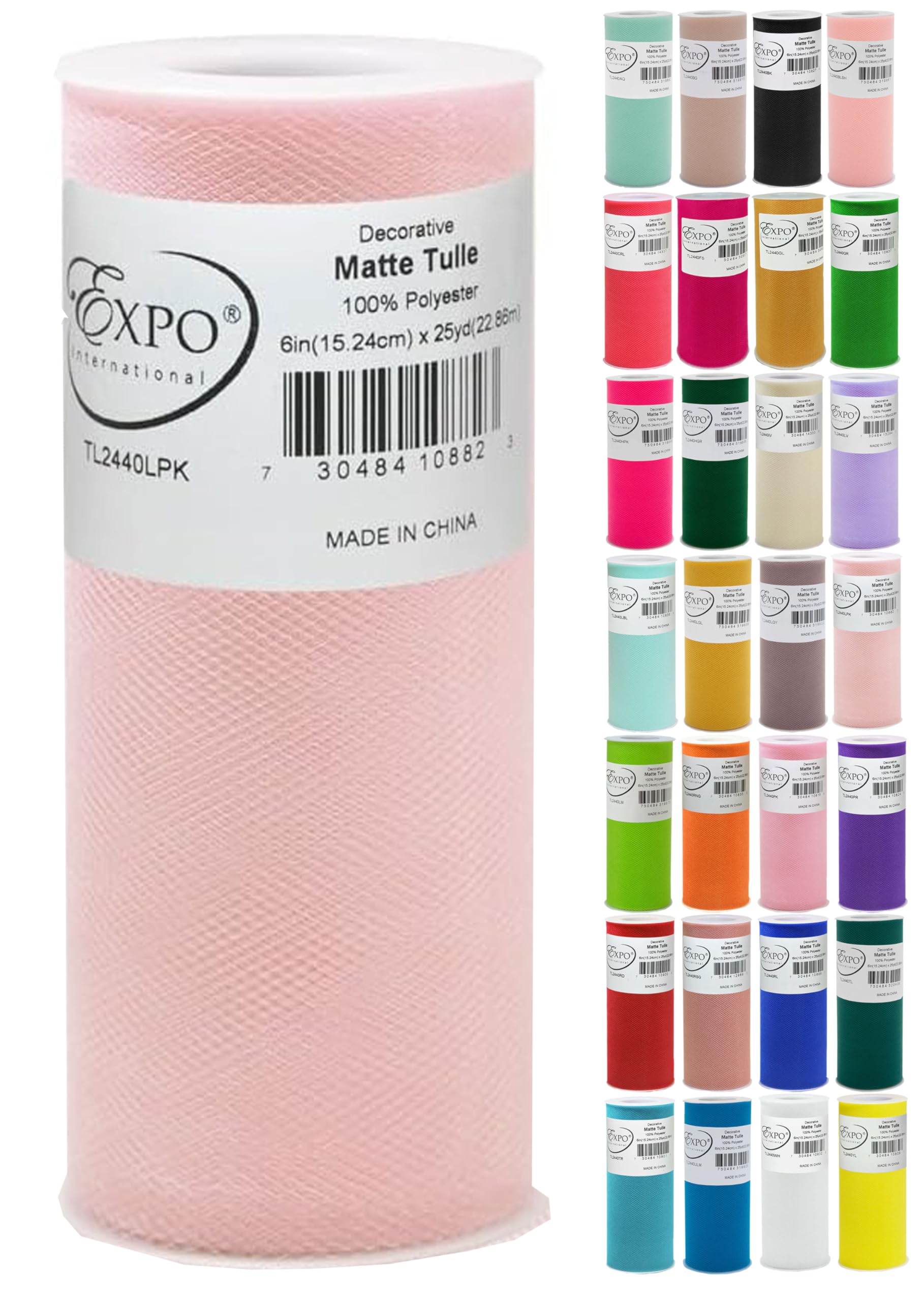 Expo International Decorative Matte Tulle, Lightweight Polyester Tulle Fabric for Tutus, Costumes, and Party Decorations, Washable, Easy-to-Use, 6 Inch x 25 Yards, Light Pink, Pack of 1