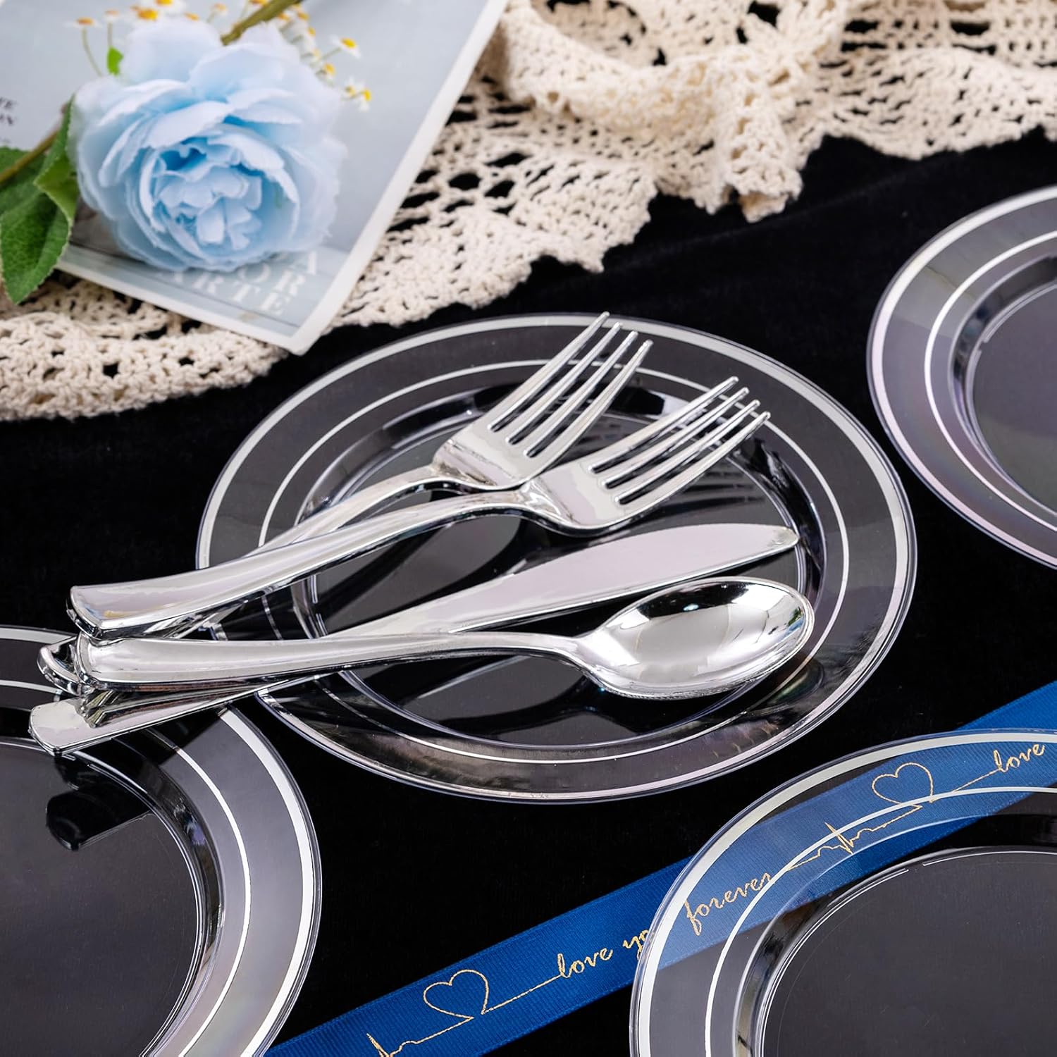 I00000 100Pcs Clear Silver Plastic Plates,Silver Rim Plates 7 Inch,Heavy Duty Premium Clear Dish for Wedding Party Supplies for Salad Dessert Cake - Image 5