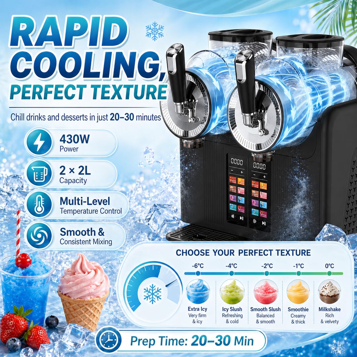 Máquina para Granizados Profesional – Doble Depósito 2×2L, 7 Programas, Autolimpieza y Enfriamiento Rápido – Helado Soft y Batidos – para Cafetería, Food Truck, Bar en Casa BlackA