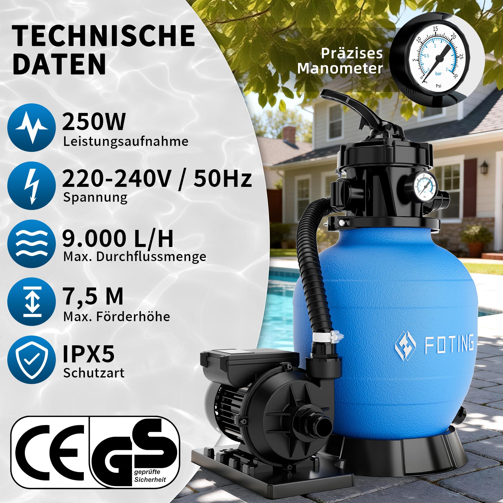 FOTING Système de Filtre à Sable pour Piscine 9 000 L/h (9 m³/h) INCL. 200 g de Billes Filtrantes, Filtre de Piscine avec Vanne 7 Voies, Adaptateur 2-en-1 Ø32–38 mm