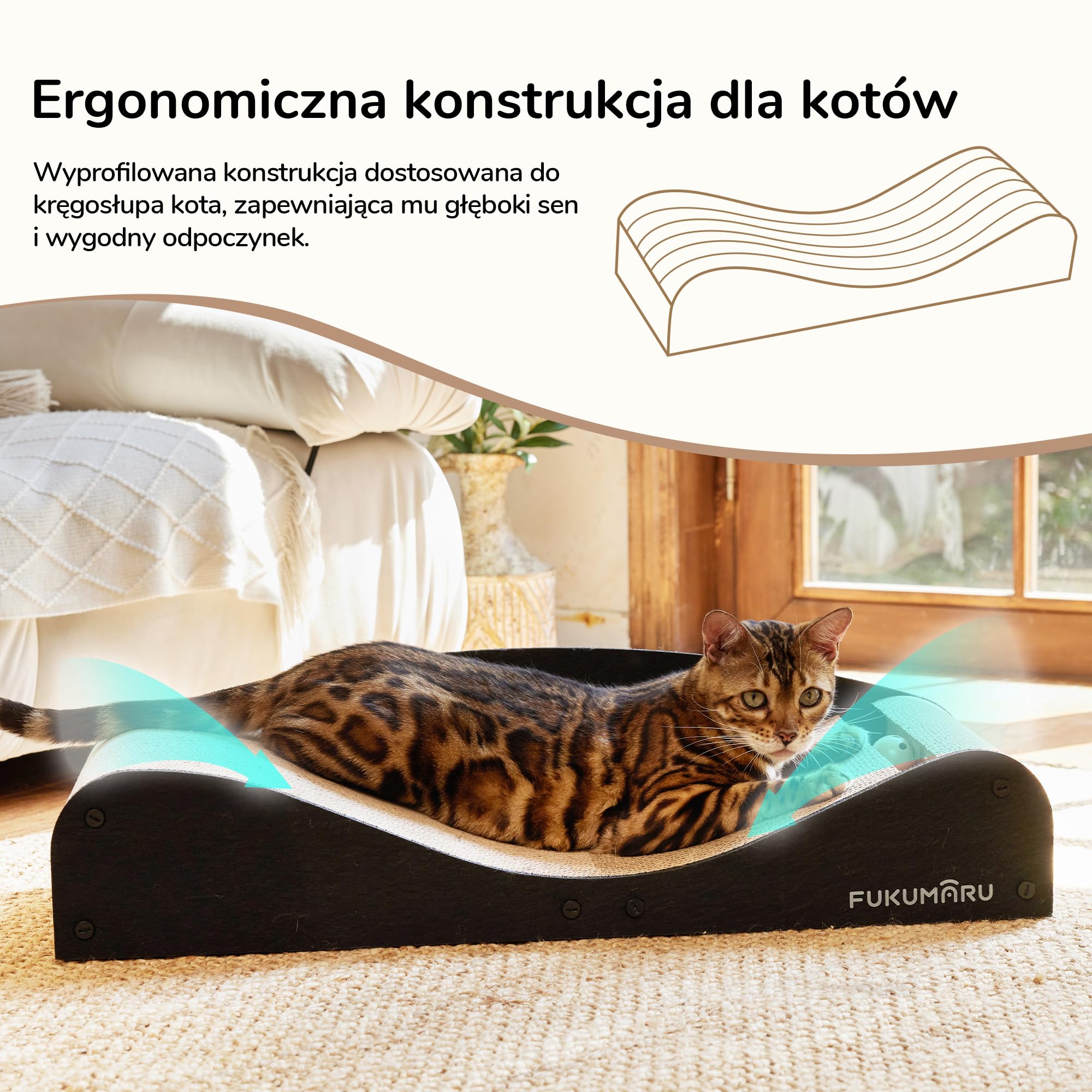 FUKUMARU Kartonowe legowisko dla kota z drapakiem, bardzo długie 74 cm, naturalny filc, wielofunkcyjne legowisko z drapakiem, drapak dla kota z zabawką w kształcie piłki, czarne