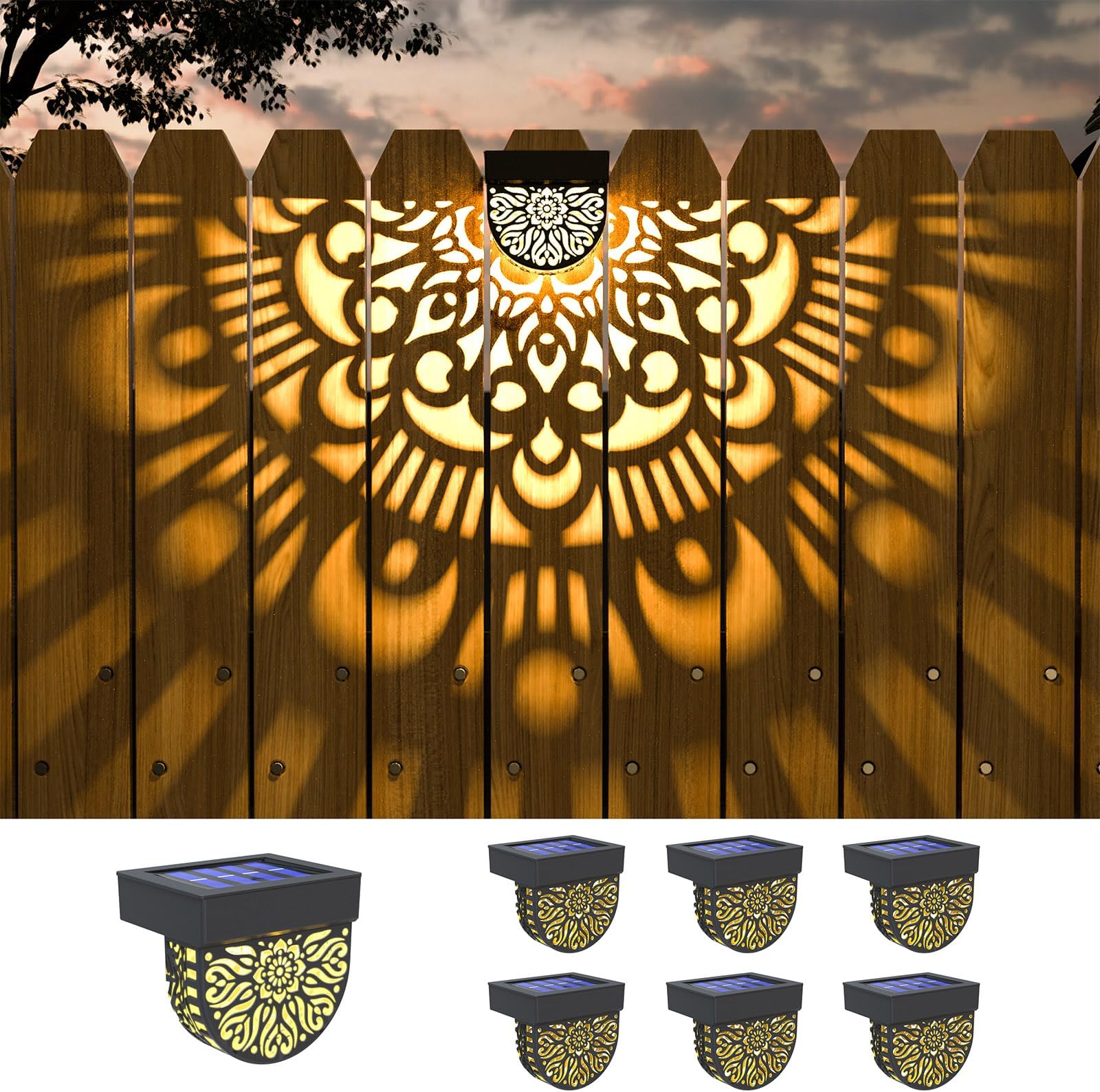 6 Pack Solar Fence Lights Outdoor Wall Lights Black Plastic Solar Powered Deck Step Stair Lights Mandala Theme Waterproof Fence Solar Light for Garden Post Patio Backyard Yard Decor