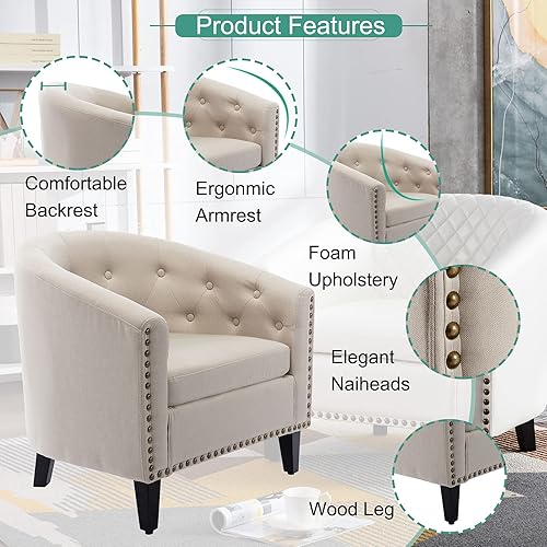 Miniatura 52 de Goujxcy Sillón de barril estilo club para sala de estar, acogedora y moderna silla de microfibra con cabeza de clavos y patas de madera maciza para