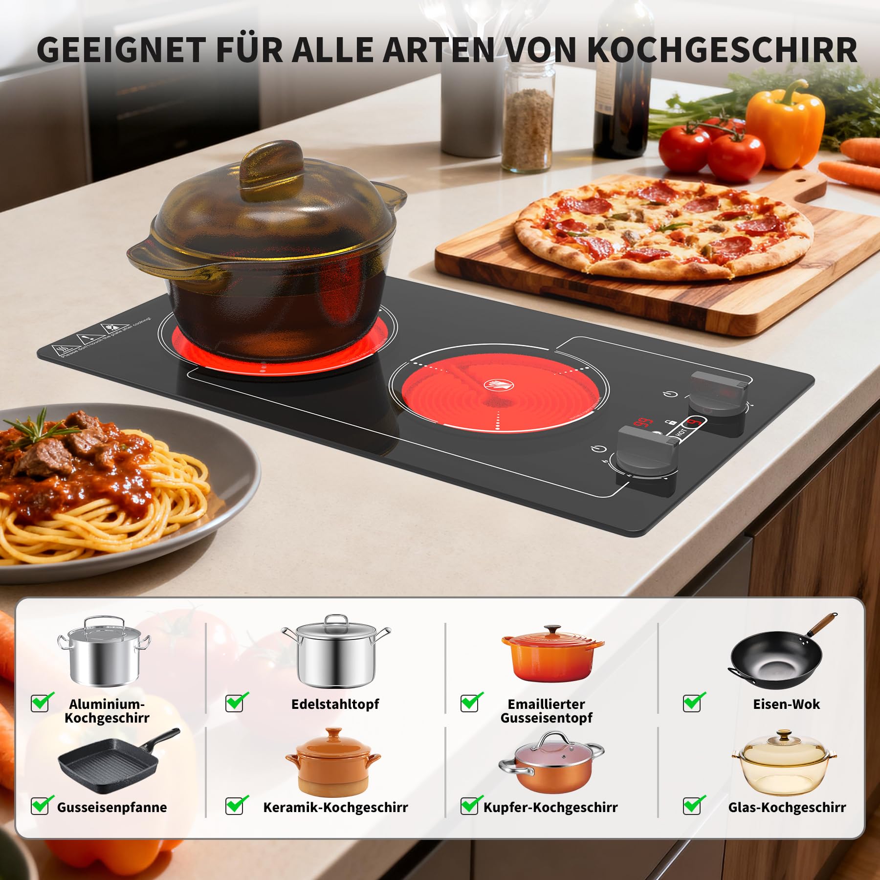 VBGK Cerankochfeld 2 Platten mit Stecker, 220V 3000W Glaskeramikkochfeld, 9 Leistungsstufen, Kindersicherung & Timer, Überhitzungsschutz, Drehknopf und Touch-Bedienung, Herdplatte 2 Kochfelder