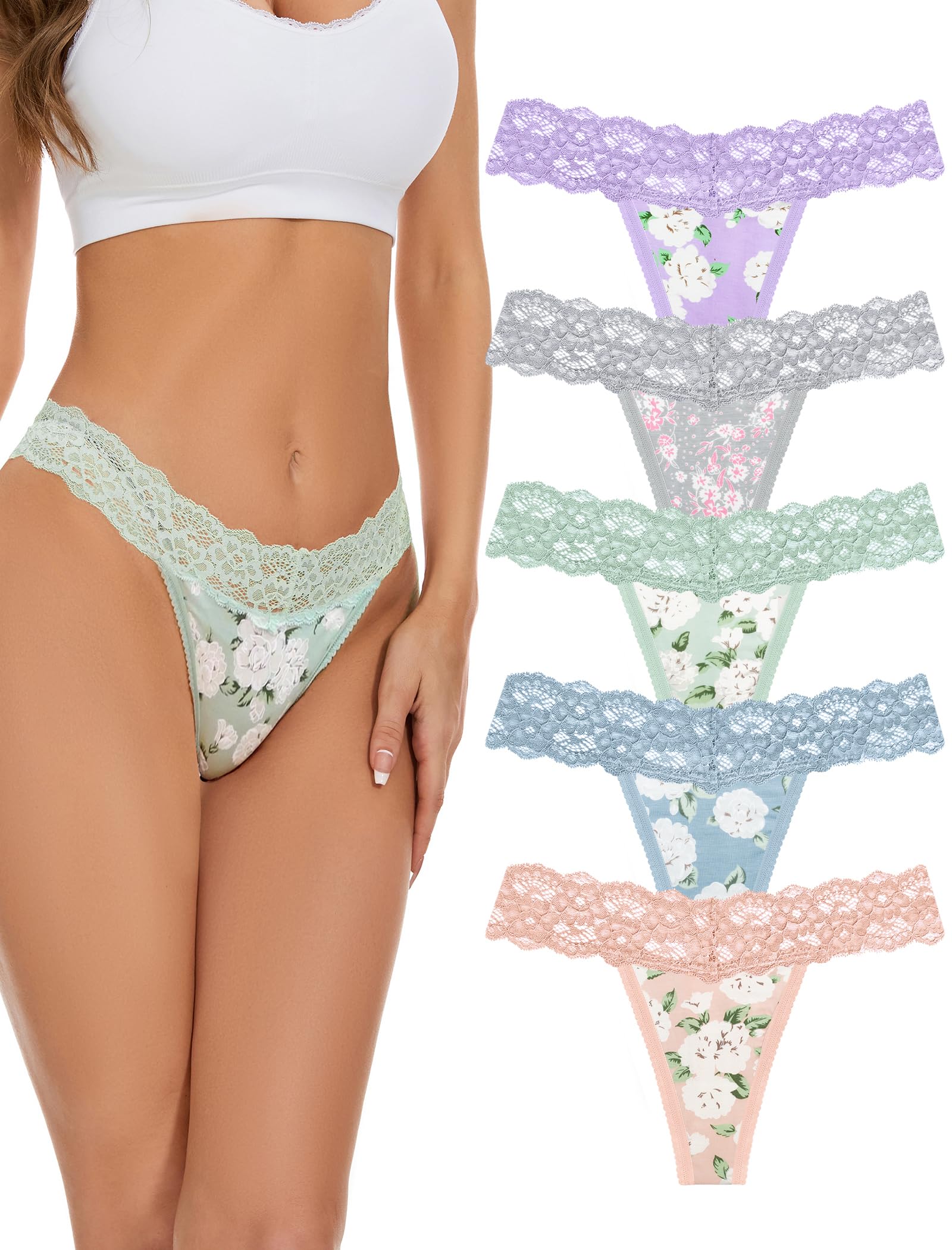 voenxe Seamless Lace Thongs for Women, Cotton Blend No Show Thong Underwear,Ladies Breathable Comfort Panty Soft Laser Cut Undies,Comfy Woman Gym Workout Stretch Tanga