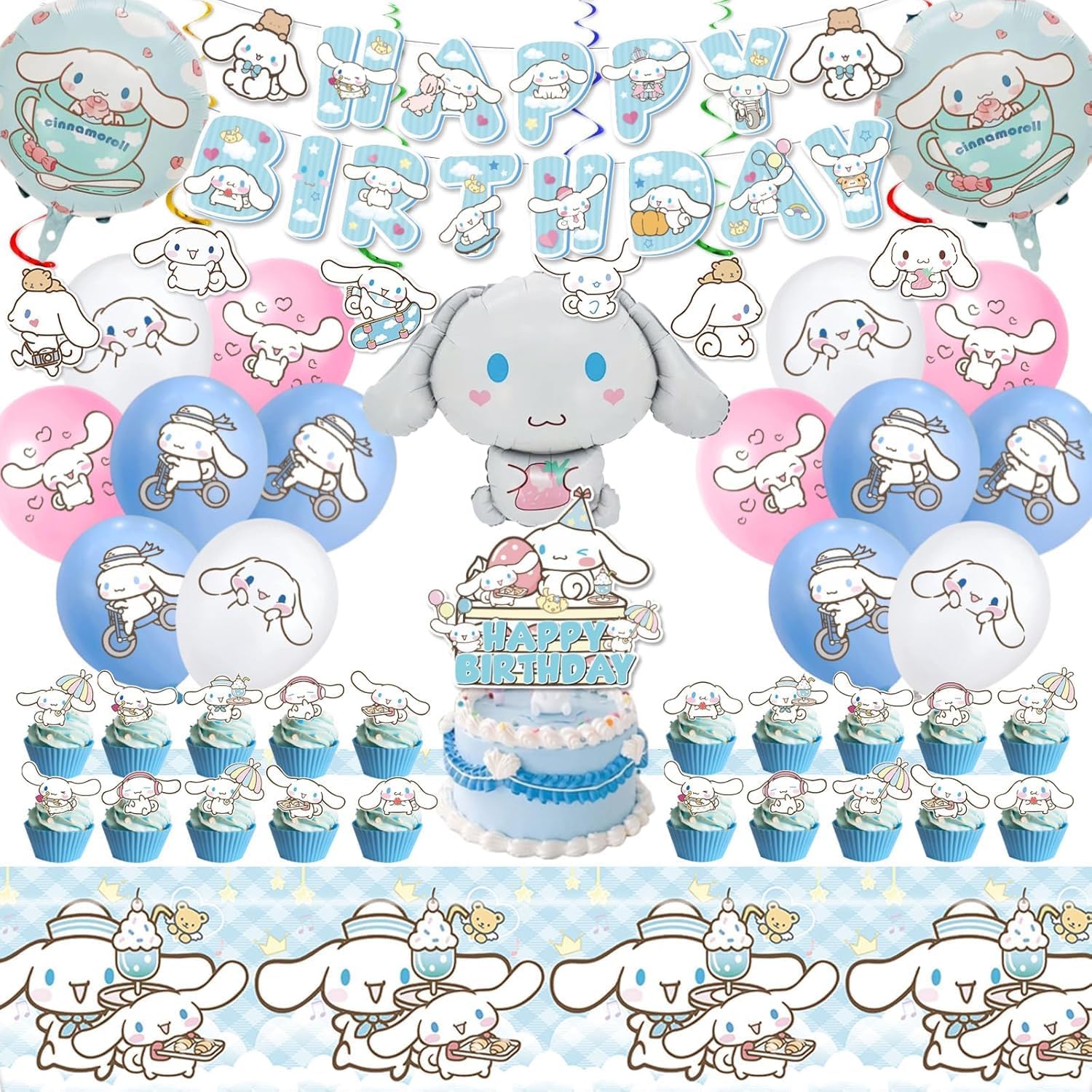 Cinnamoroll Birthday Decorations, Party Supplies Set Include Banner, Balloons, Hanging Swirls, Cake Cupcake Toppers, Tablecloth for Kids Cinnamoroll