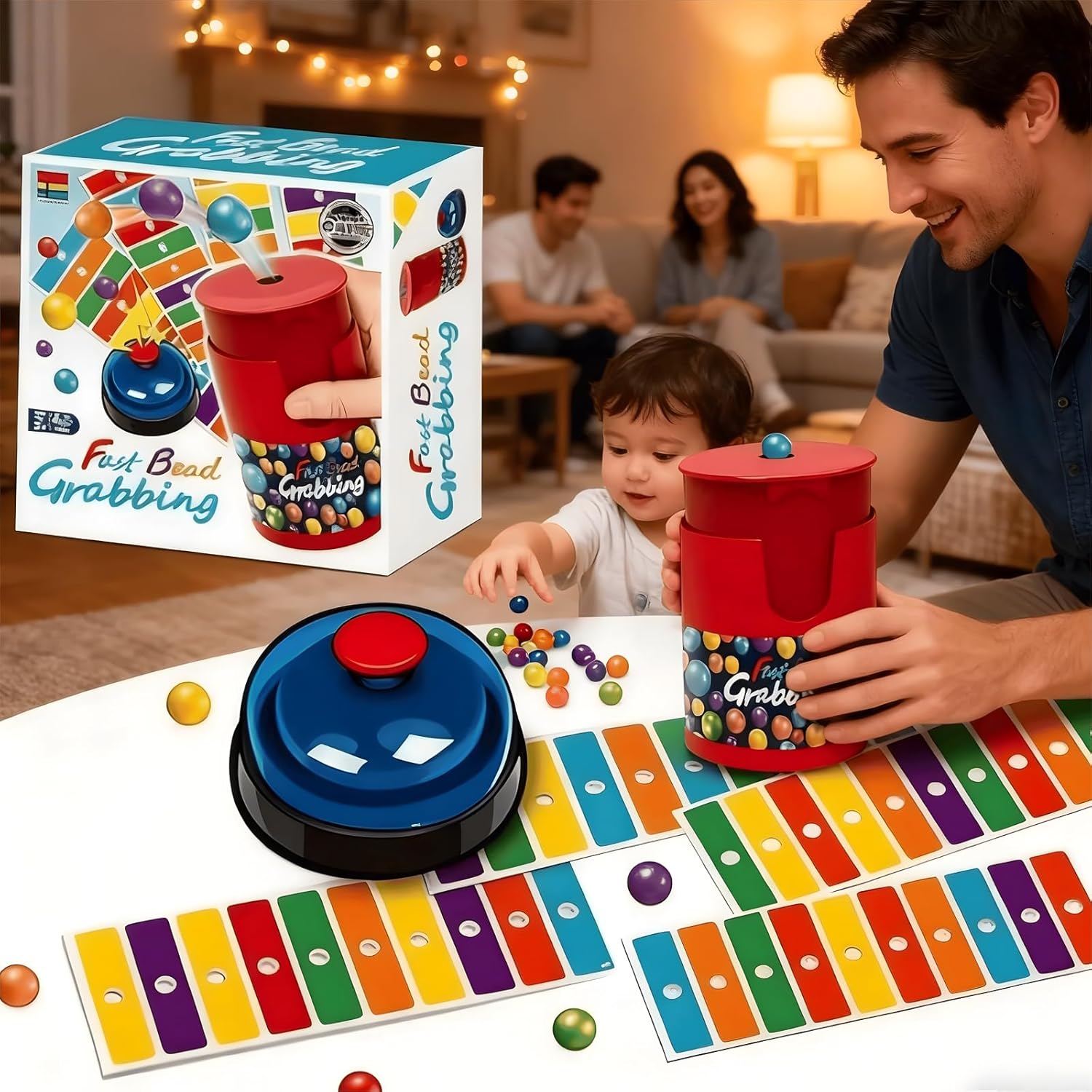 Fast Bead Grabbing Match Color Bingo Game, Grabbing Gamea, 90 Beads & 6 Code Cards, 1 Bell & Bead Can for Group Party and Family 2-4 Players (Set of 2)
