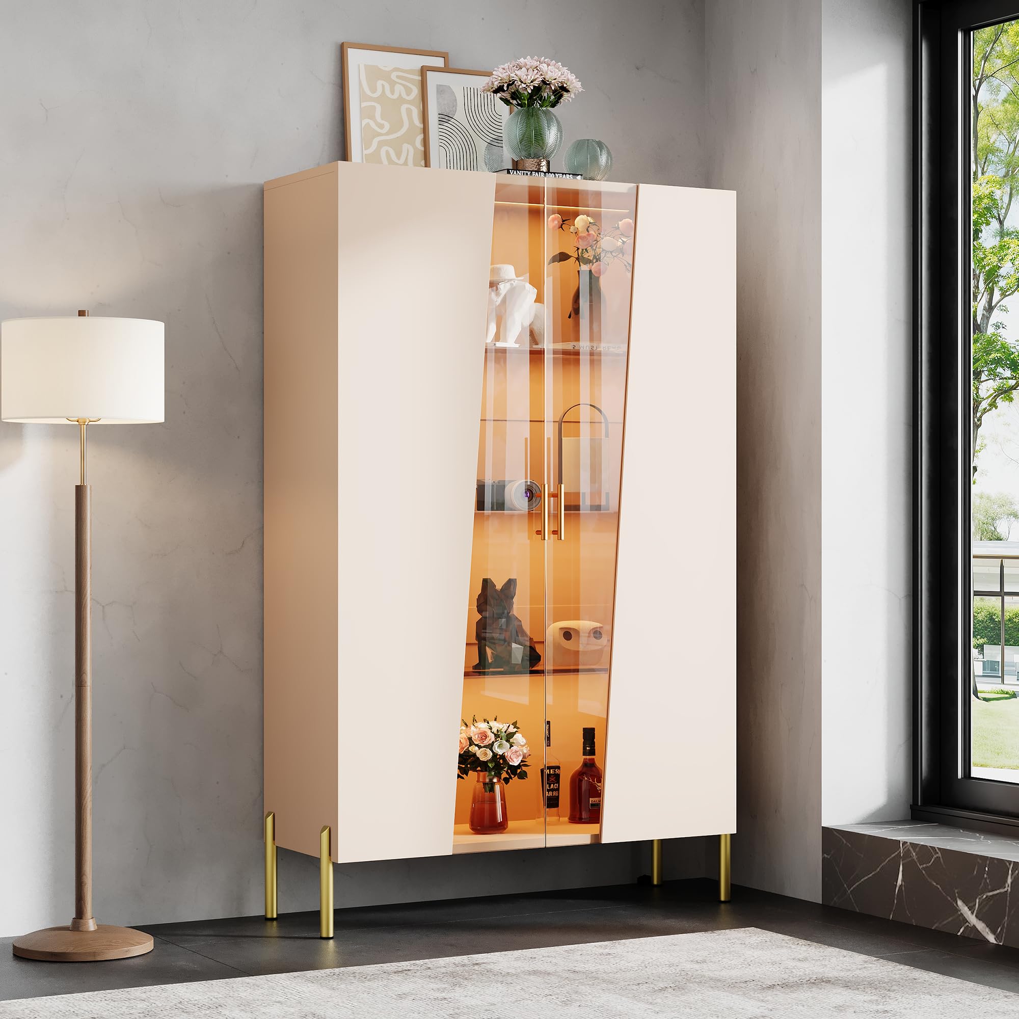 Armadio in vetro con anta asimmetrica in vetro temprato, 3 ripiani in vetro, maniglia in metallo e piedini in metallo, come vetrina per sala da pranzo, libreria, colore: beige