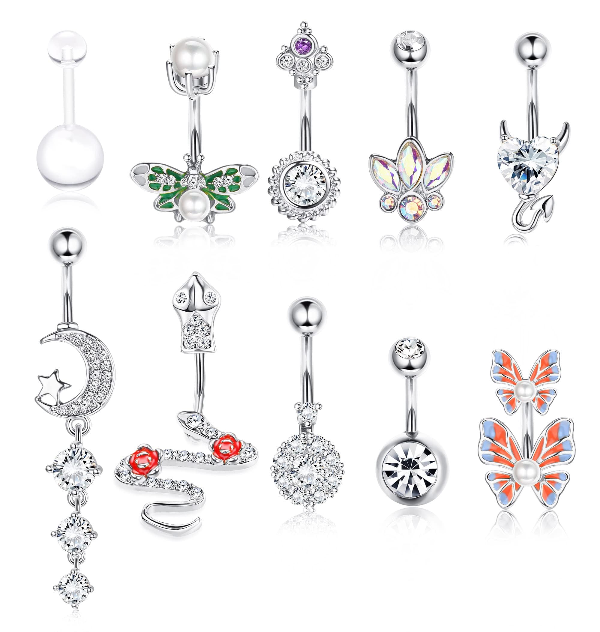 JeryWe 10Pcs Barras Vientre Acero Quirúrgico Mujeres Anillos Transparentes para el Ombligo Colgante Ombligo Piercing Joyería Cute Cz Serpiente Mariposa del Vientre Bar Anillos Pack Plata Oro Rosa
