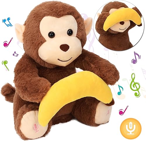 Miniatura 8 de Hopearl Peek A Boo Mono con plátano interactivo repite lo que dices, juguete de peluche musical que canta y habla, adorable animal eléctrico animado