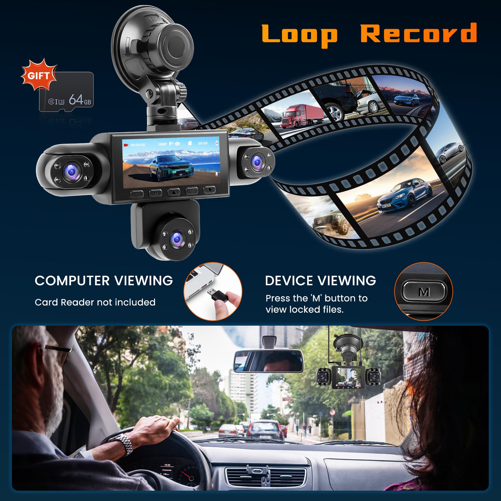 Dashcam Coche 5 Canales, 360°Dash CAM 1080P Delantera y Trasera Izquierda Derecha +cámara Trasera, con Tarjeta SD de 64GB, Cámara para Coche con Grabación en Bucle Visión Nocturna