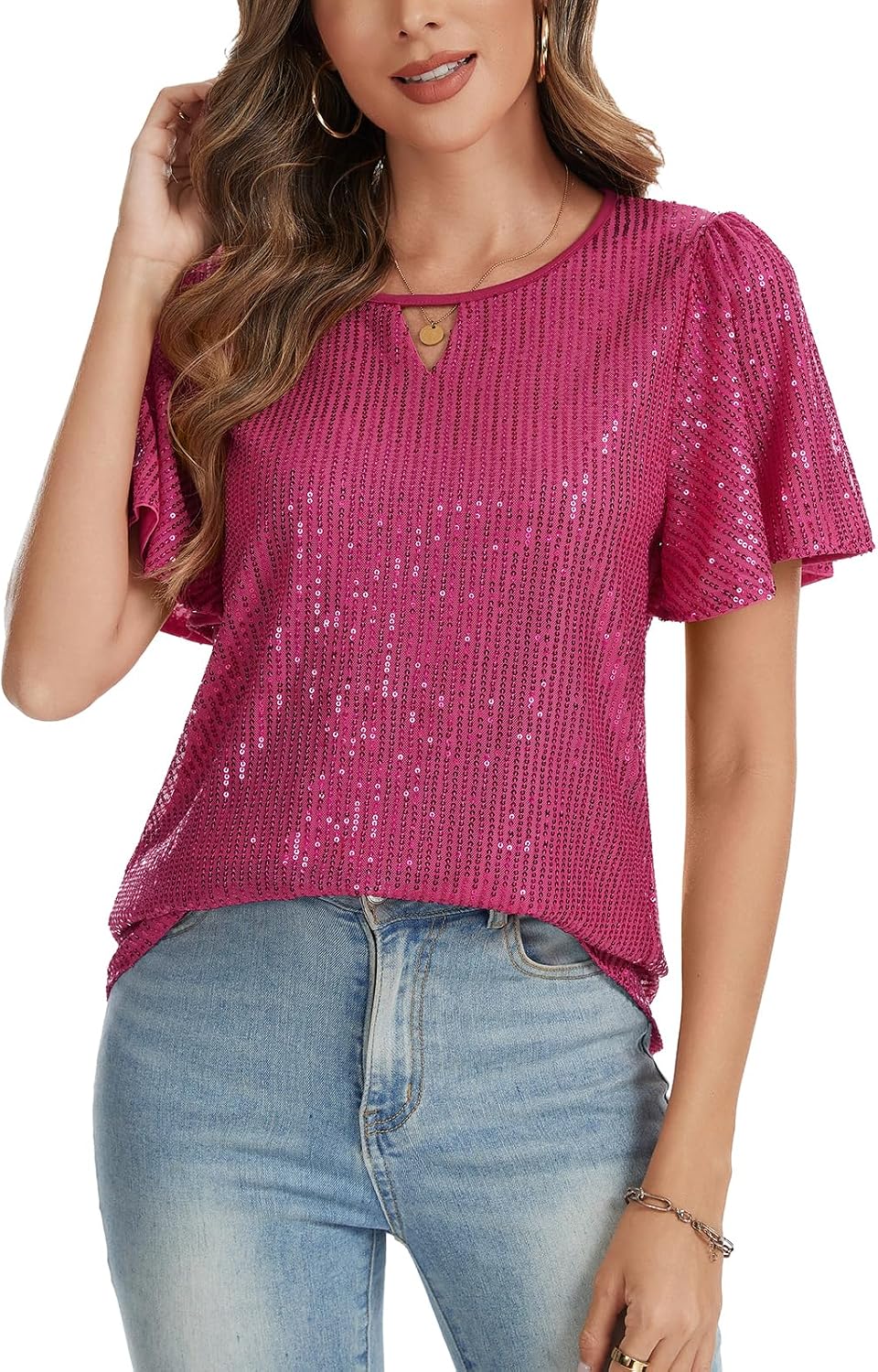 Womens Sequin Tops Crew Neck Ruffle Short Sleeve Sparkly Blouses Fully Lined Shirt for Party Disco Concert Outfits
