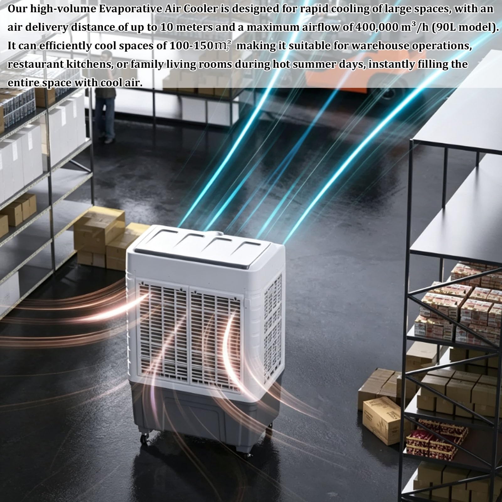Raffrescatore evaporativo industriale con ruote per magazzino, fabbrica | Serbatoio dell'acqua di grandi dimensioni da 50/55/90 litri, con telecomando e 4 impacchi di ghiaccio(135X70X50CM/90L)