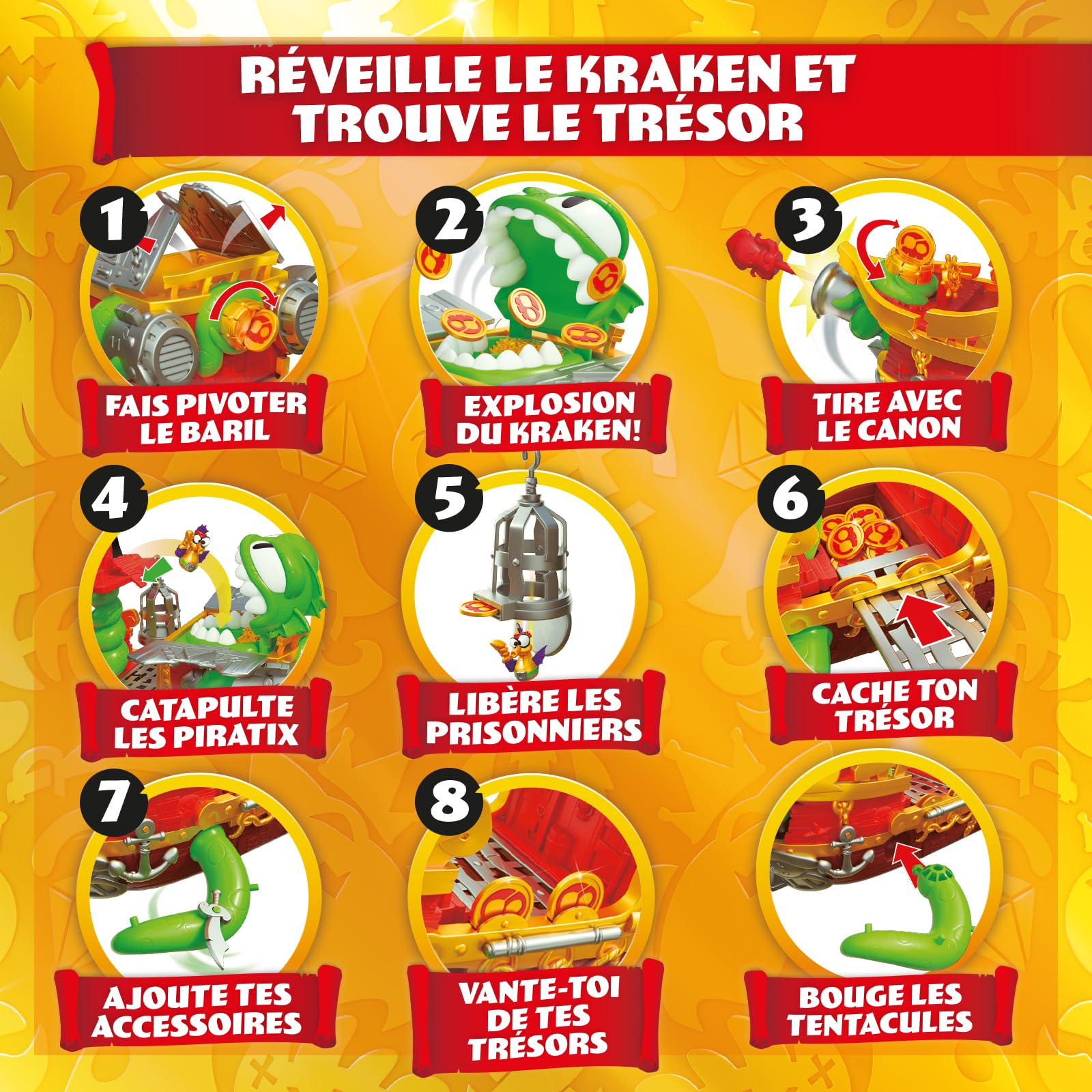 PIRATIX Le Bateau Kraken - Contient 1 Bateau Kraken, 2 Piratix & Accessoires exclusifs, 1 Projectile de Canon, 1 trésor Exclusif, 6 trésors dorés, 1 Drapeau Exclusif, 1 épée, 1 Ancre et 1 Prison.