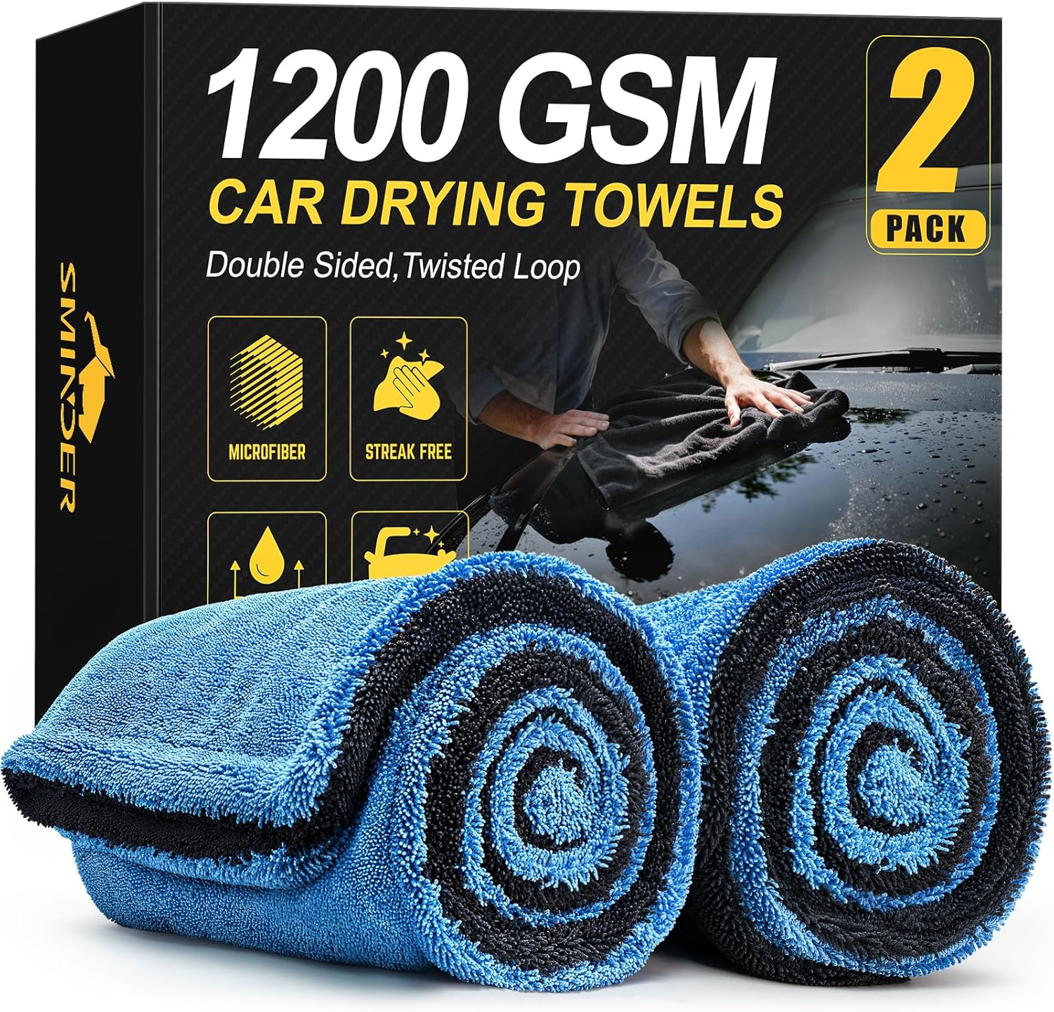 SMINDER 2-Pack 1200 GSM Car Drying Towels – Microfiber Towels for Cars (36" x 24"), Ultra-Absorbent, Streak-Free, Scratch-Free, No Water Spots, Double-Twist Pile & Edgeless Design