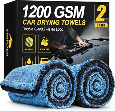 SMINDER 2-Pack 1200 GSM Car Drying Towels Microfiber Towels for Cars 36" x 24", Ultra-Absorbent, Streak-Free, Scratch-Free, No Water Spots, Double-Twist Pile & Edgeless DesignBlue