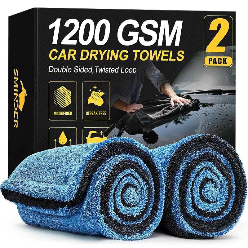 SMINDER Kit com 2 Toalhas de Microfibra para Secagem Automotiva 1200 GSM, 91,4 x 61 cm, Trama Twist Dupla, Sem Bordas, Azul