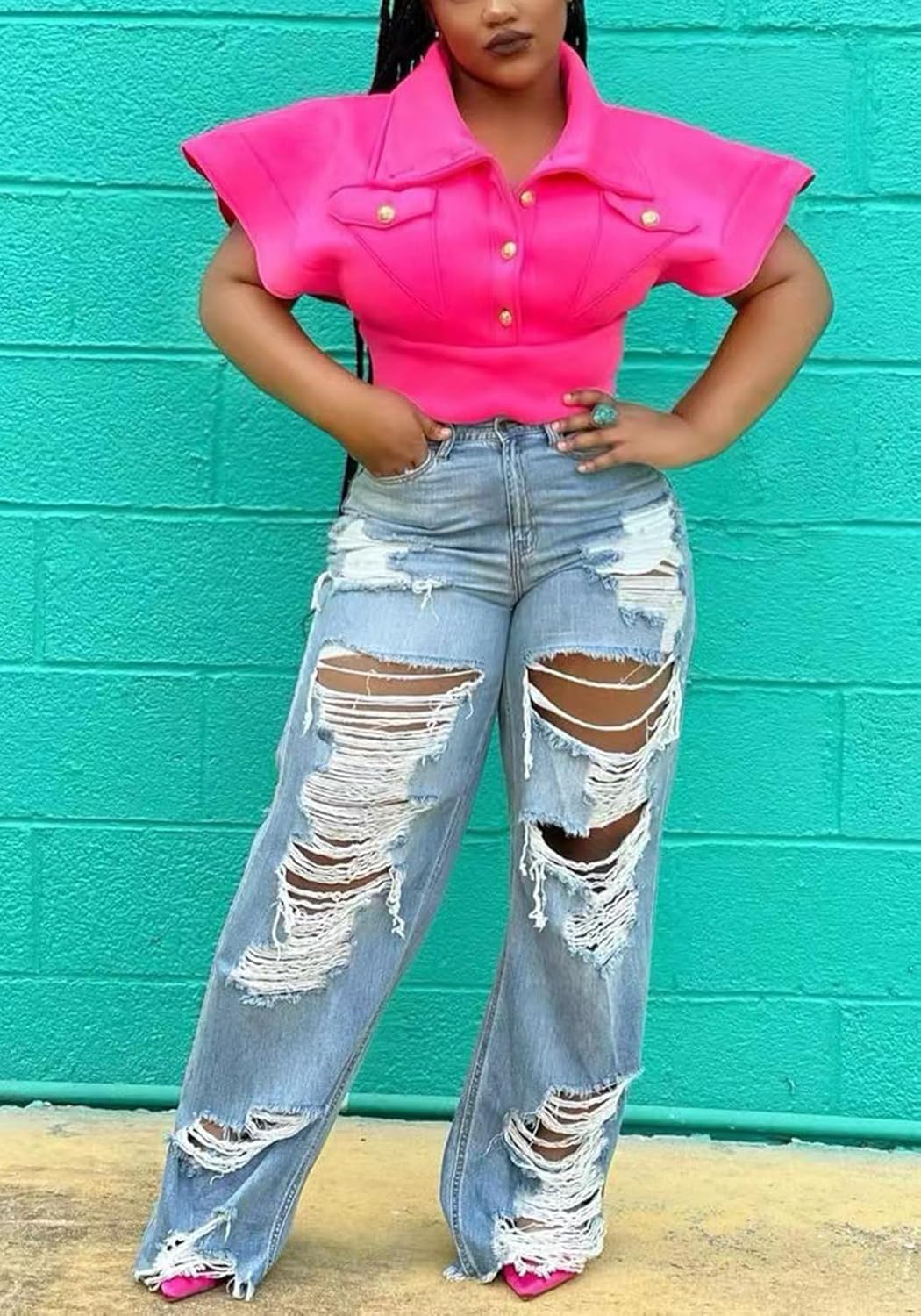 SHINFY Women's Ripped Jeans Distressed Cutout High Waisted Baggy Straight Wide Leg Y2K Denim Pants - Image 2