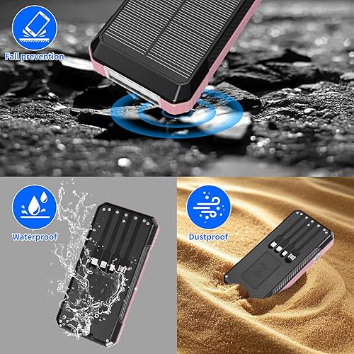 Miniatura 6 de Banco de energía solar de 49800 mAh, cargador portátil con 4 cables integrados, cargador de panel solar de carga rápida de 22.5 W para viajes, Rosa