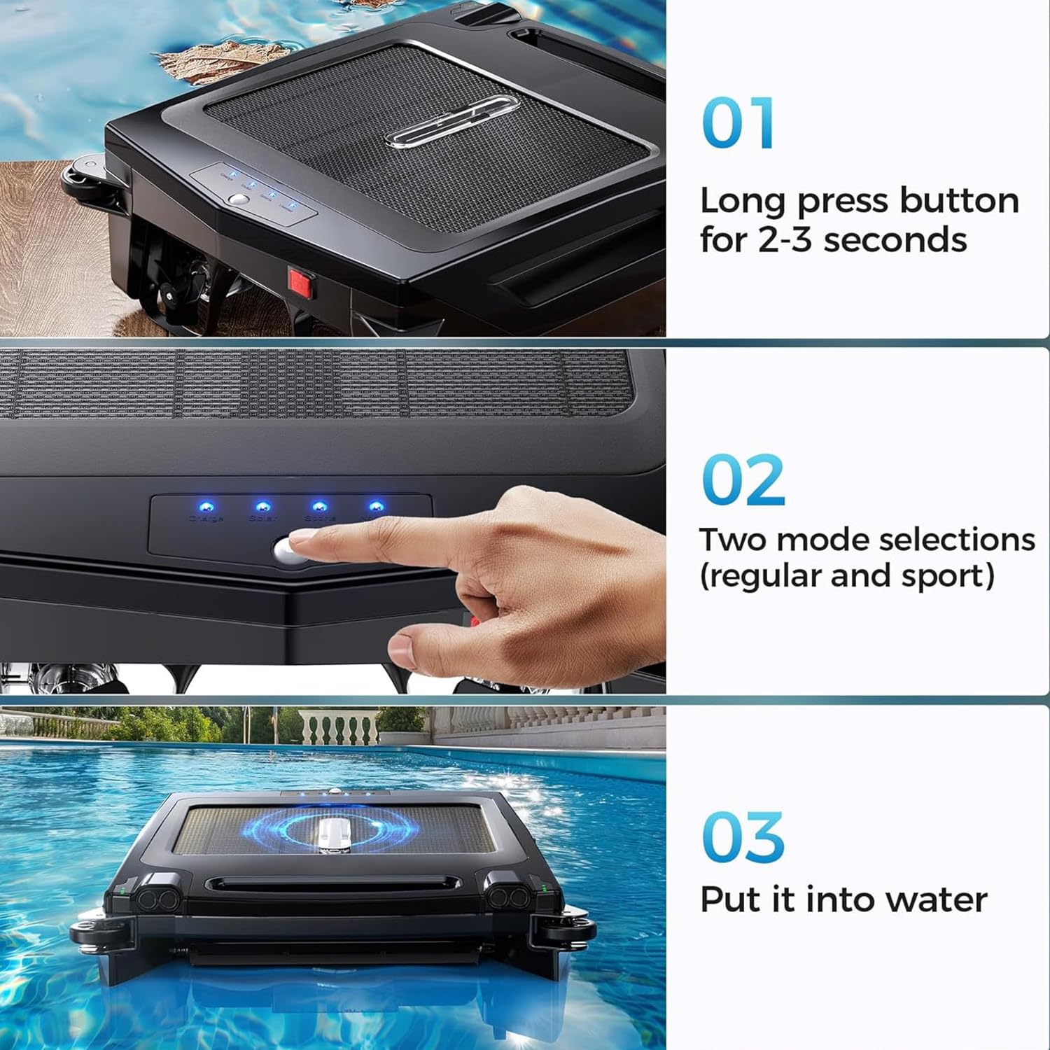 Skimmer solare per piscina con ampio cestello per detriti, batteria e aspiratore per piscina ad energia solare, 5-10 m/minuto, capacità di filtraggio 80 m2 (860 SQ/FT) Pulizia doppia modalità
