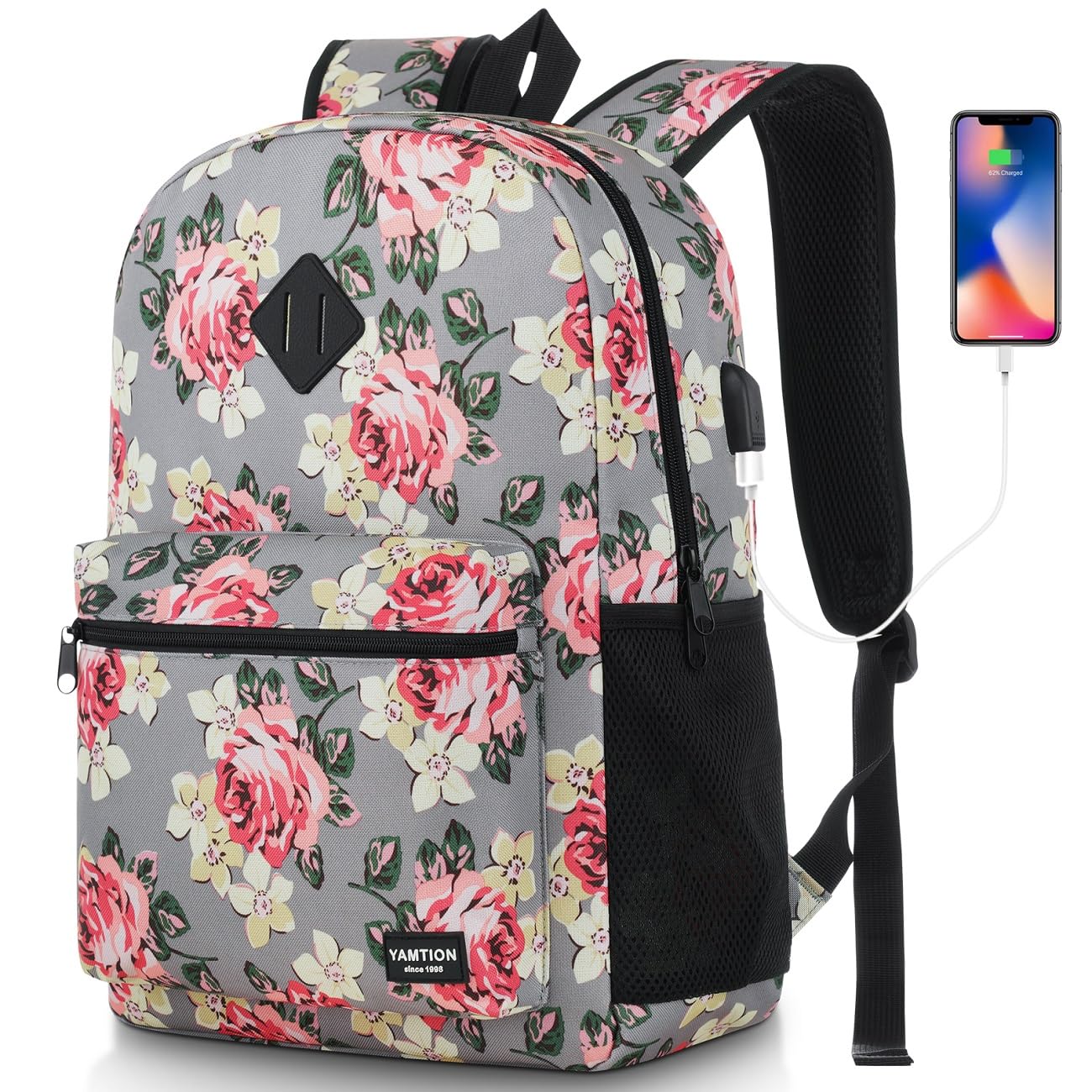School Backpack Women and Teen Girl,Classic Bookbag Schoolbag with USB Port for High School College Office Work Travel 15.6 inch Gray Flower