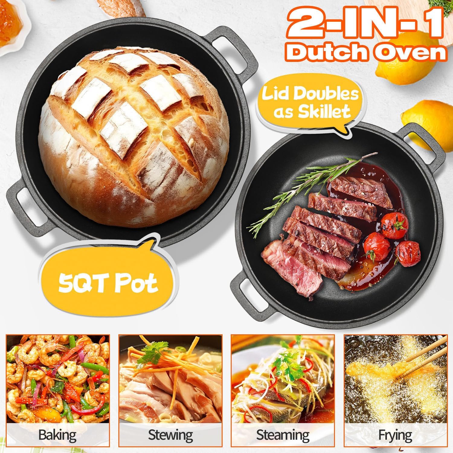 Cast Iron Dutch Oven for Bread Baking, 5 Qt Sourdough Dutch Oven with Lid, 2-in-1 Dutch Pot with Bread Baking Supplies for Camping, Frying and Braising