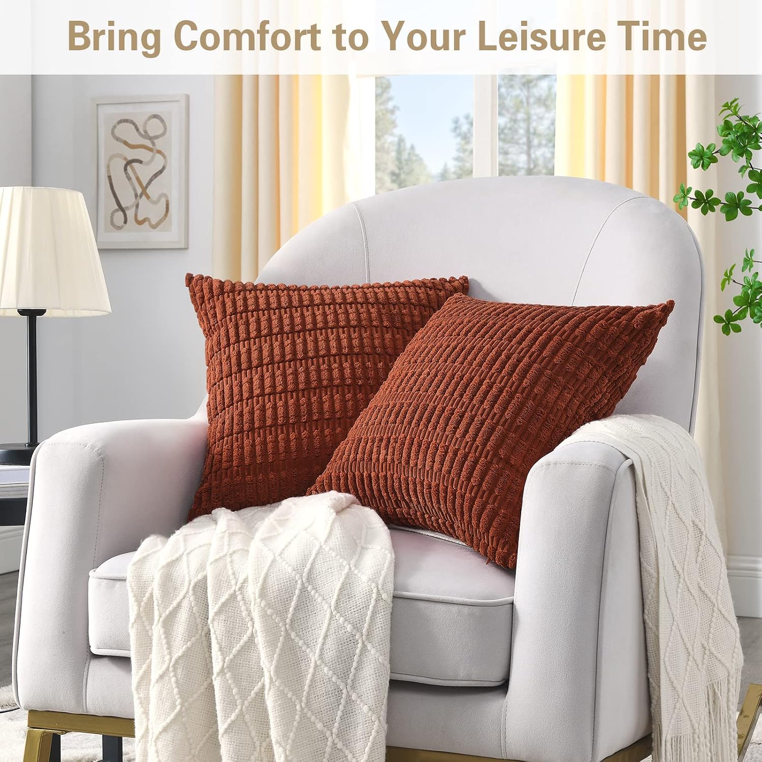 Volcanics Pack of 2 Rust Decorative Throw Pillow Covers 18x18 Inch (45x45cm), Soft Corduroy Striped Square Cushion Cases, Modern Farmhouse Boho Home Decor for Couch Bed Sofa... - Image 2