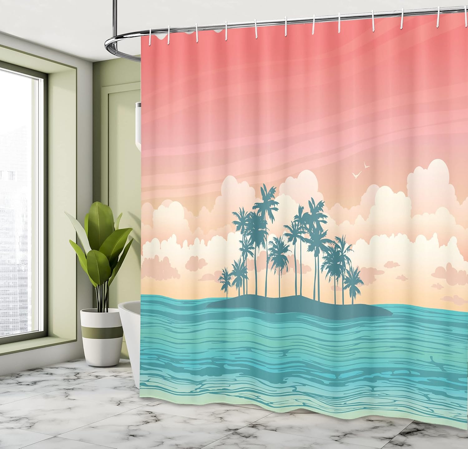 Lunarable Tropical Shower Curtain, Coconut Tree Silhouettes on Island Exotic Pastel Colored Landscape, Cloth Fabric Bathroom Decor Set with Hooks, 69" W x 75" L, Turquoise Coral and Peach