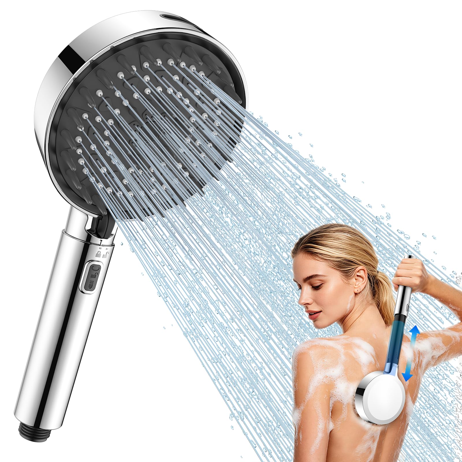 FEELSO High Pressure Shower Head with Adjustable Handle Length, 5+1 Modes
