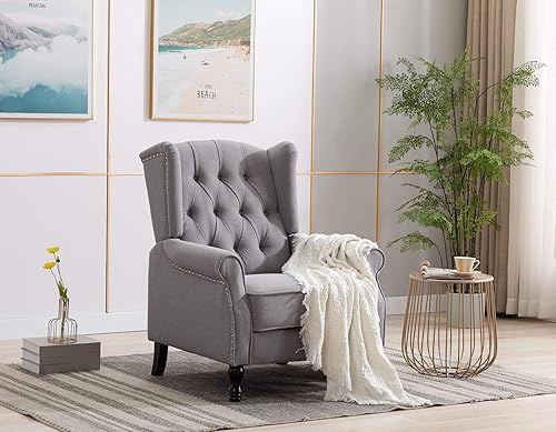 Miniatura 4 de Artechworks Silla moderna de tela alada, silla de club con brazo copetudo, sofá individual de lino con patas de madera, cómodo tapizado para leer,