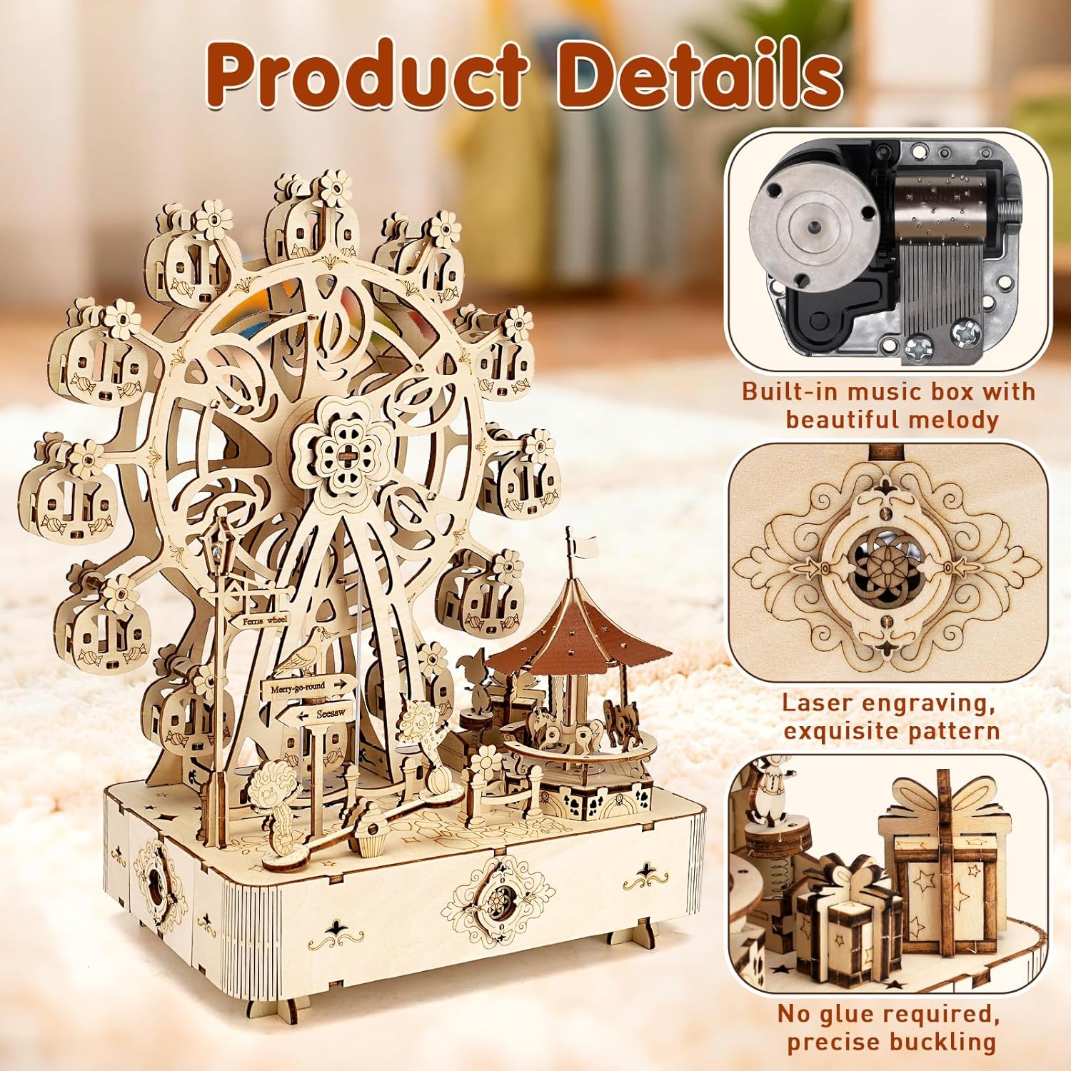 3D Wooden Puzzles Ferris Wheel,Musical Ferris Wheel Kit,Room Home Decor DIY Playground Ferris Wheel Kit for Men Women,Christmas Birthday Gift for Family Friends - Image 4