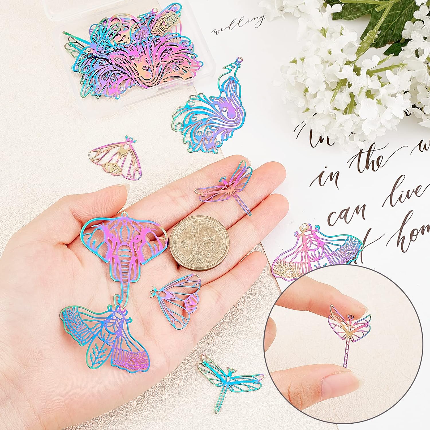 UNICRAFTALE 24pcs 6 Styles Rainbow Filigree Pendants Stainless Steel Etched Metal Embellishments Charms Hypoallergenic Hollow Pendants for DIY Jewelry Making 1.2-1.8mm Hole - Image 2