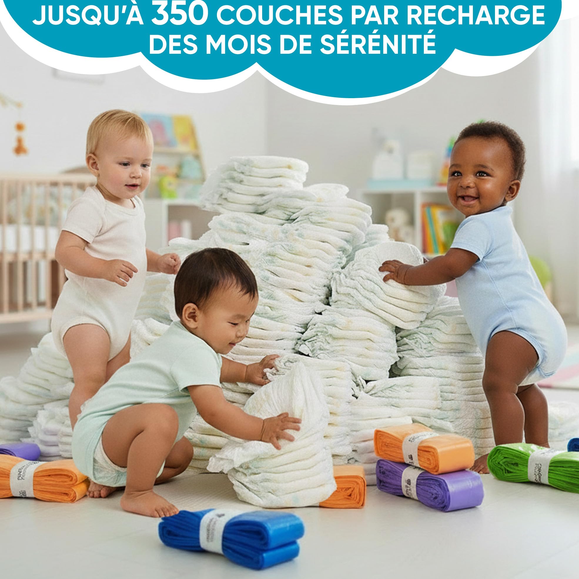 Factory HappyYou® – Pack XXL de 8 recharges poubelle couche bébé de 7,5 mètres compatibles avec poubelle à couche Tommee Tippee et Angelcare – Anti-odeur – Sans BPA – Recyclable