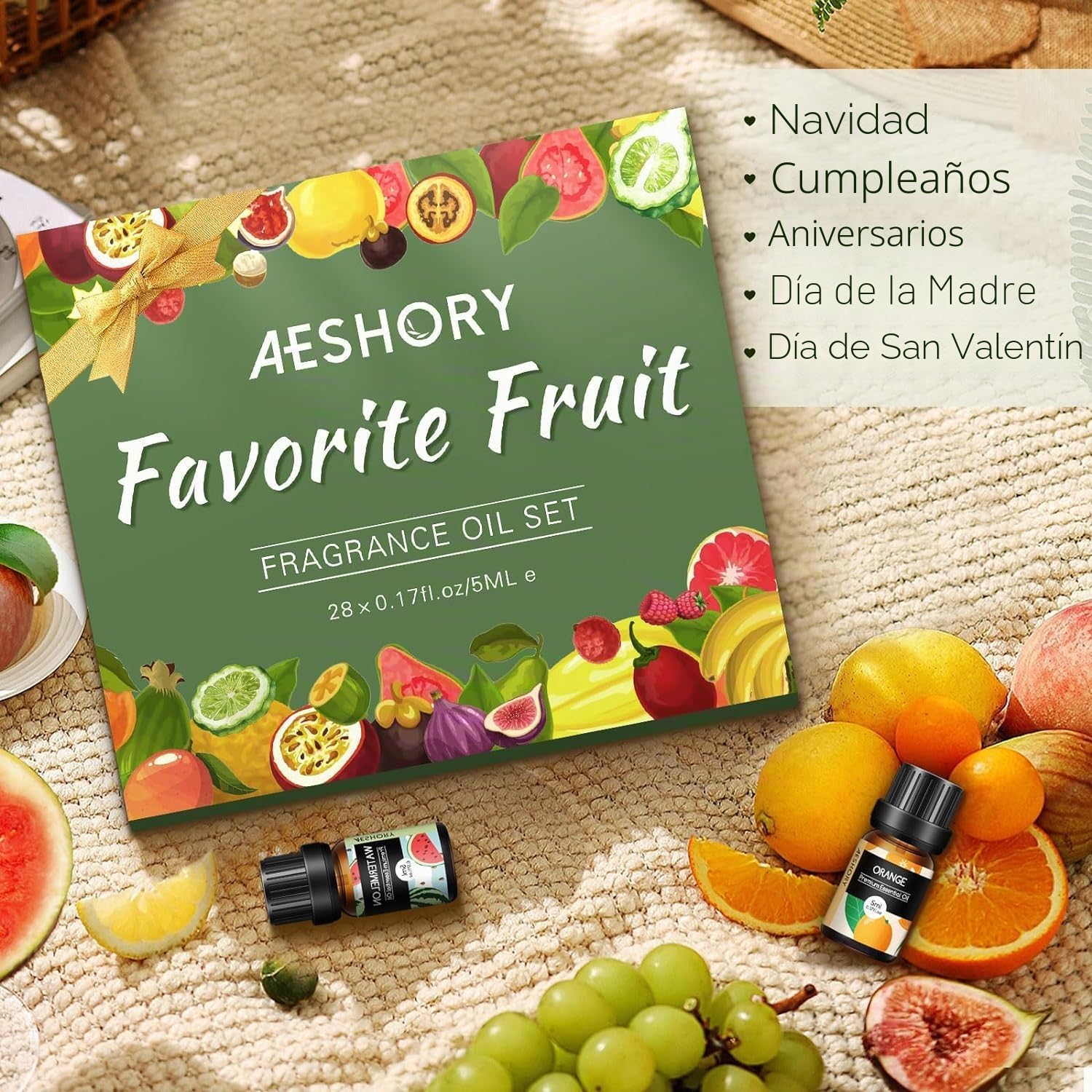AESHORY Juego de Aceites Esenciales de Frutas 28 X 5ML, 100% Natural Aceite Esencial de Aromaterapia para Humidificador, Difusor, SPA, Masajes, Bricolaje Casero - Uva, Naranja, Piña, Fresa, Melocotón
