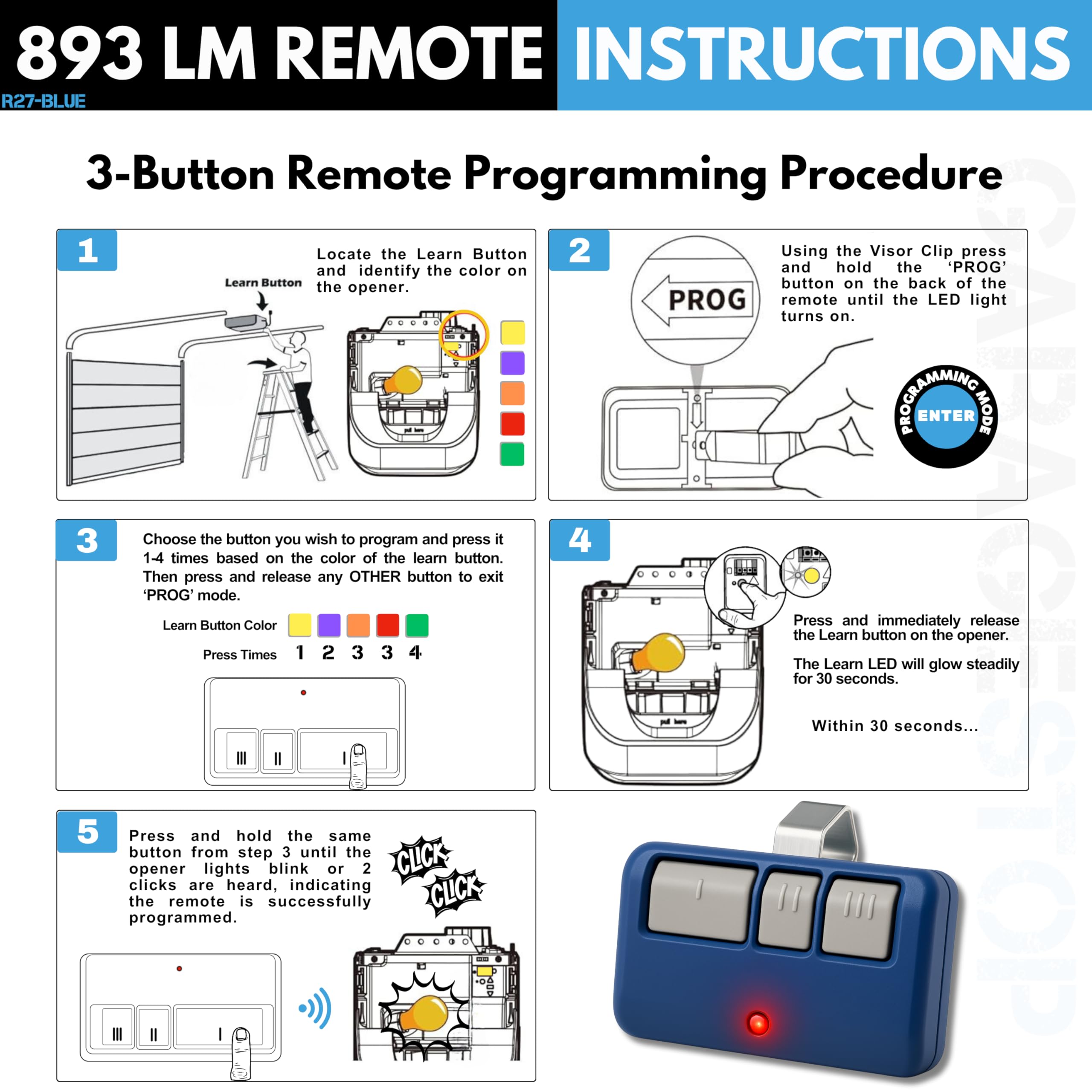 3 controles remotos universales para puerta de garaje 893LM 893Max Chamberlain Craftsman Liftmaster, 1993-presente, reemplazo de clic de garaje para 5 botones de aprendizaje, carcasa azul