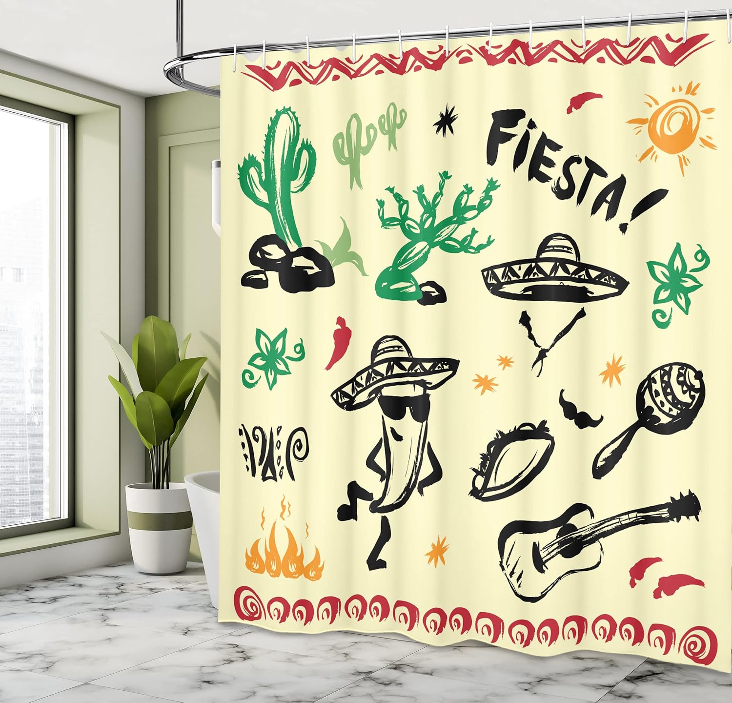 Ambesonne Mexican Shower Curtain, Popular Hispanic Cartoon Objects with Fiesta Taco Guitar Cactus Plant Nachos Print, Cloth Fabric Bathroom Decor Set with Hooks, 69" W x 70" L, Cream Multicolor