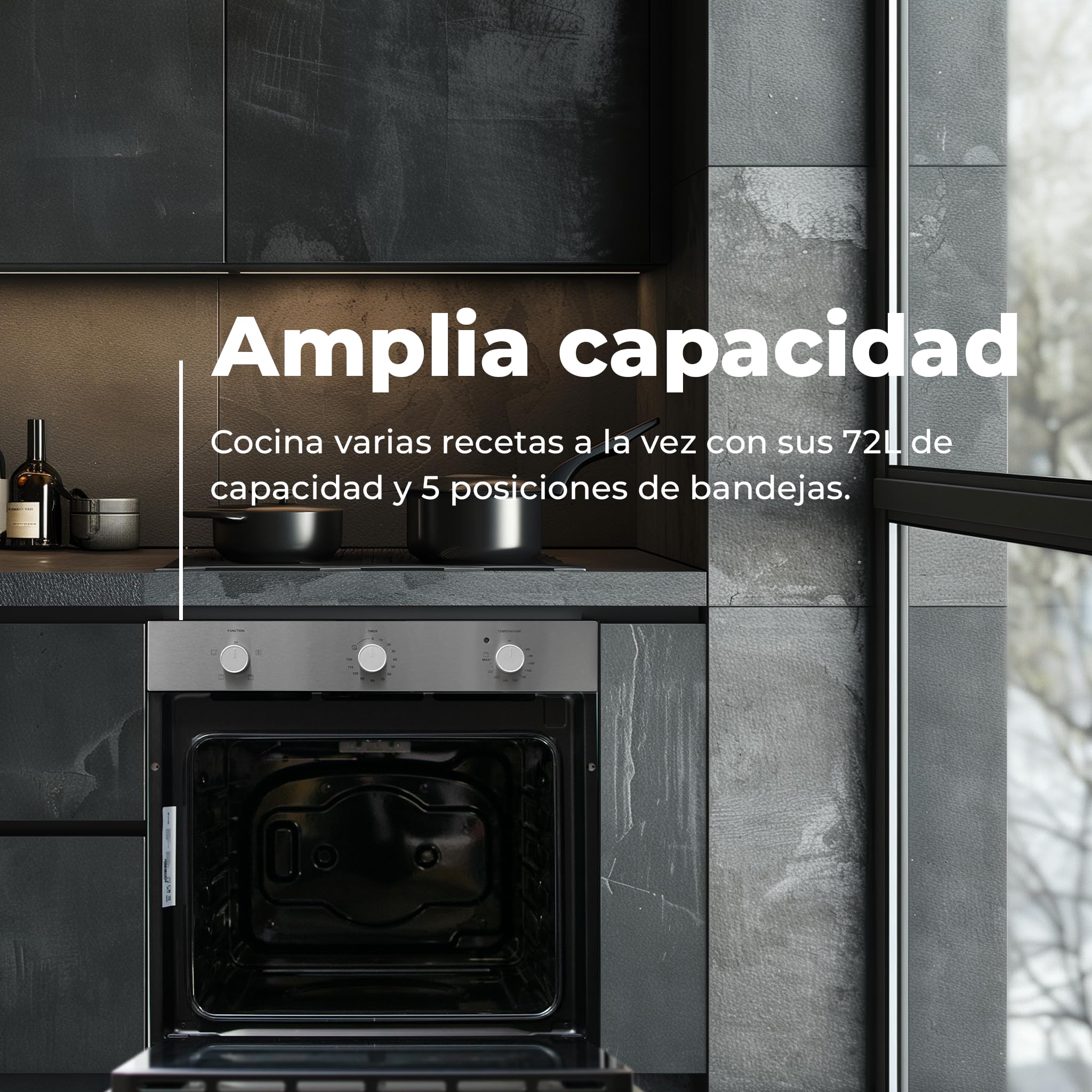 EVVO H10 Inox - Horno Eléctrico Empotrable de 72L, Eficiencia Energética A, 4 Programas de Cocción con Grill, Puerta de Triple Acristalamiento y Temporizador. Horno Inox de Encastre para Cocina