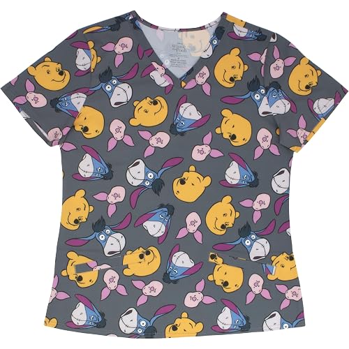 Disney Characters Women's Scrub Top - All Over Print, Short Sleeve V-Neck Novelty Uniform Top for Ladies